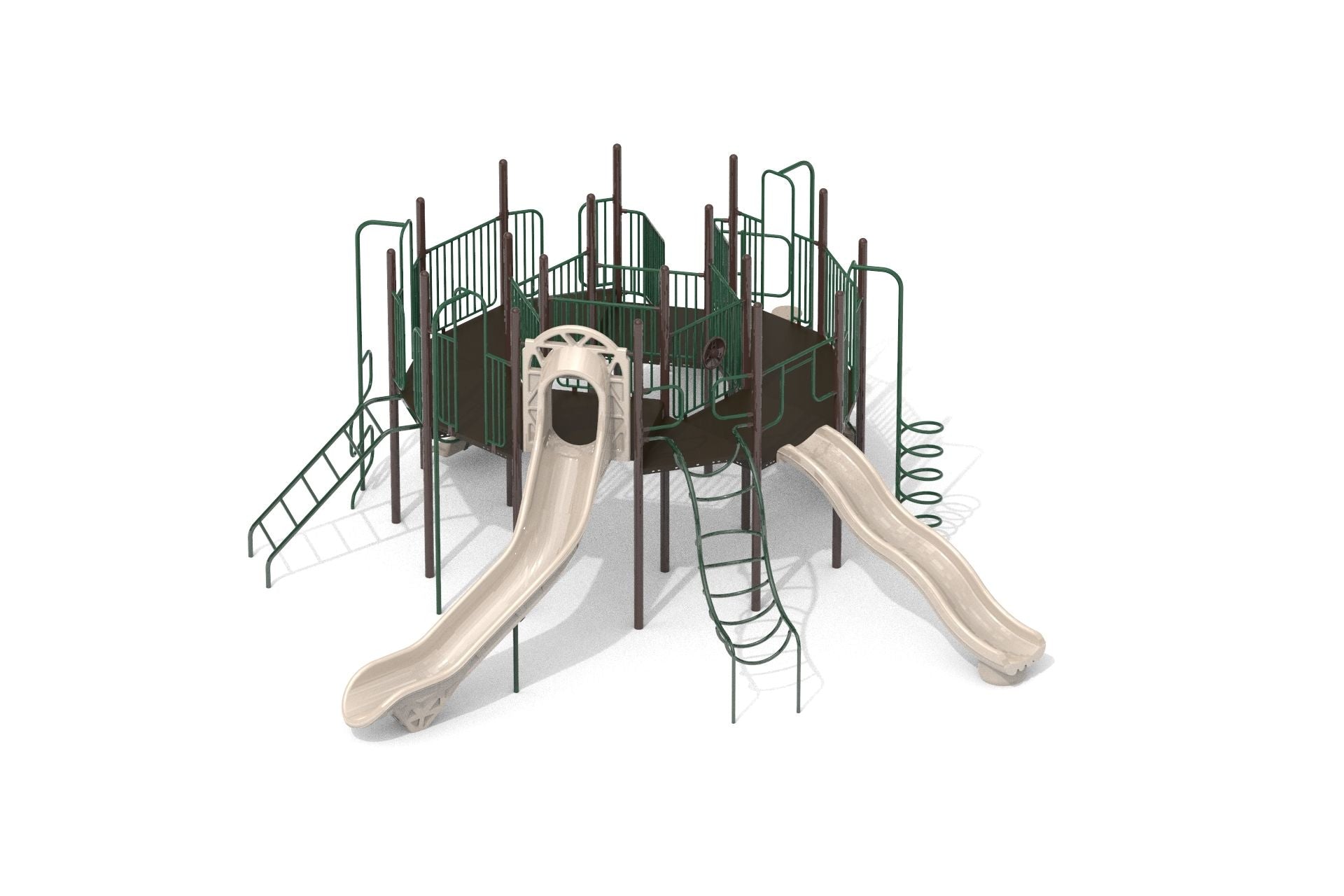Sequoia WillyGoat Playground with natural beige slides, green climbing structures, and elevated play platform in outdoor setting