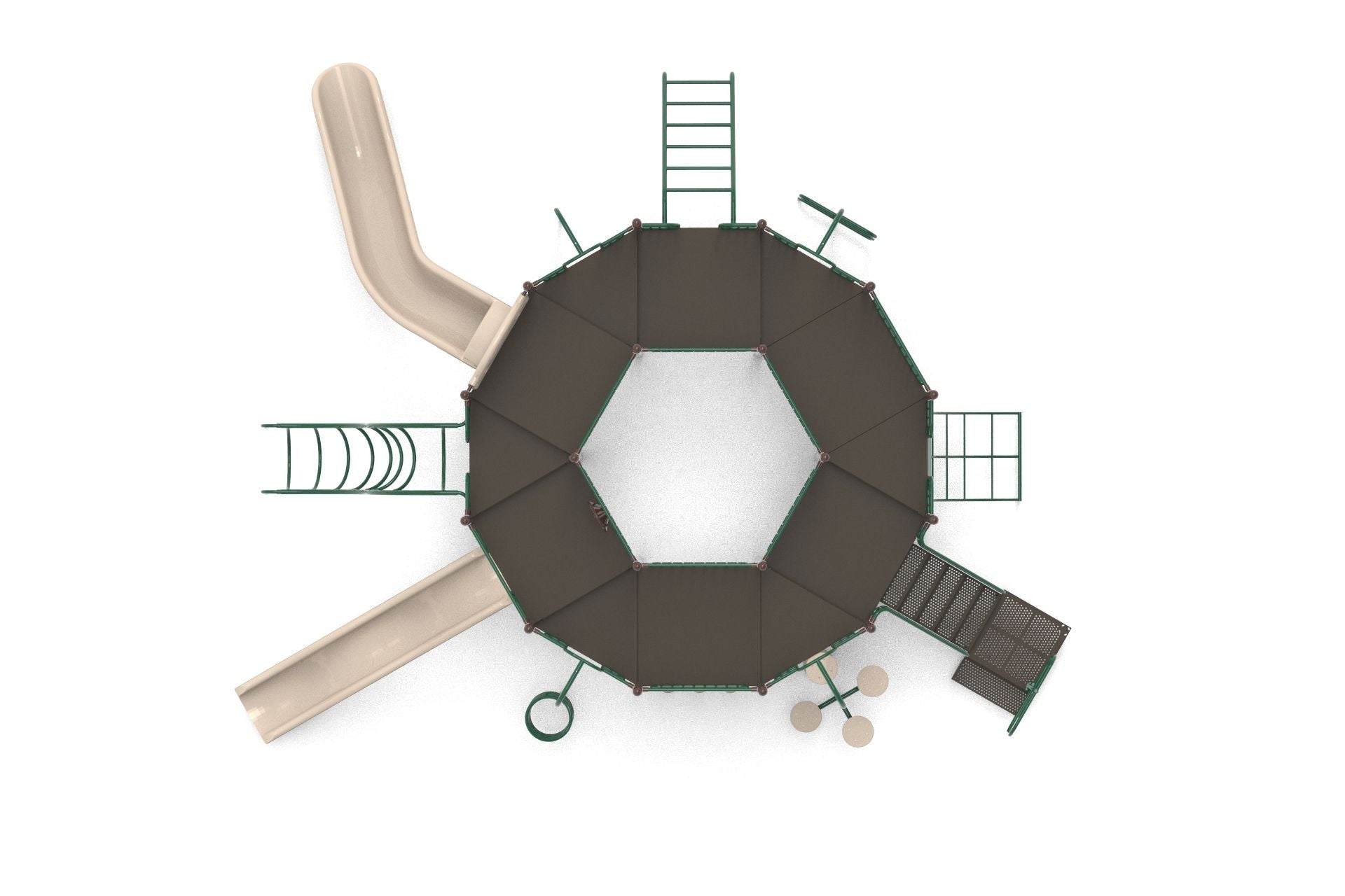 Overhead view of a large hexagonal playground with slides, climbing ladders, and interactive learning panels