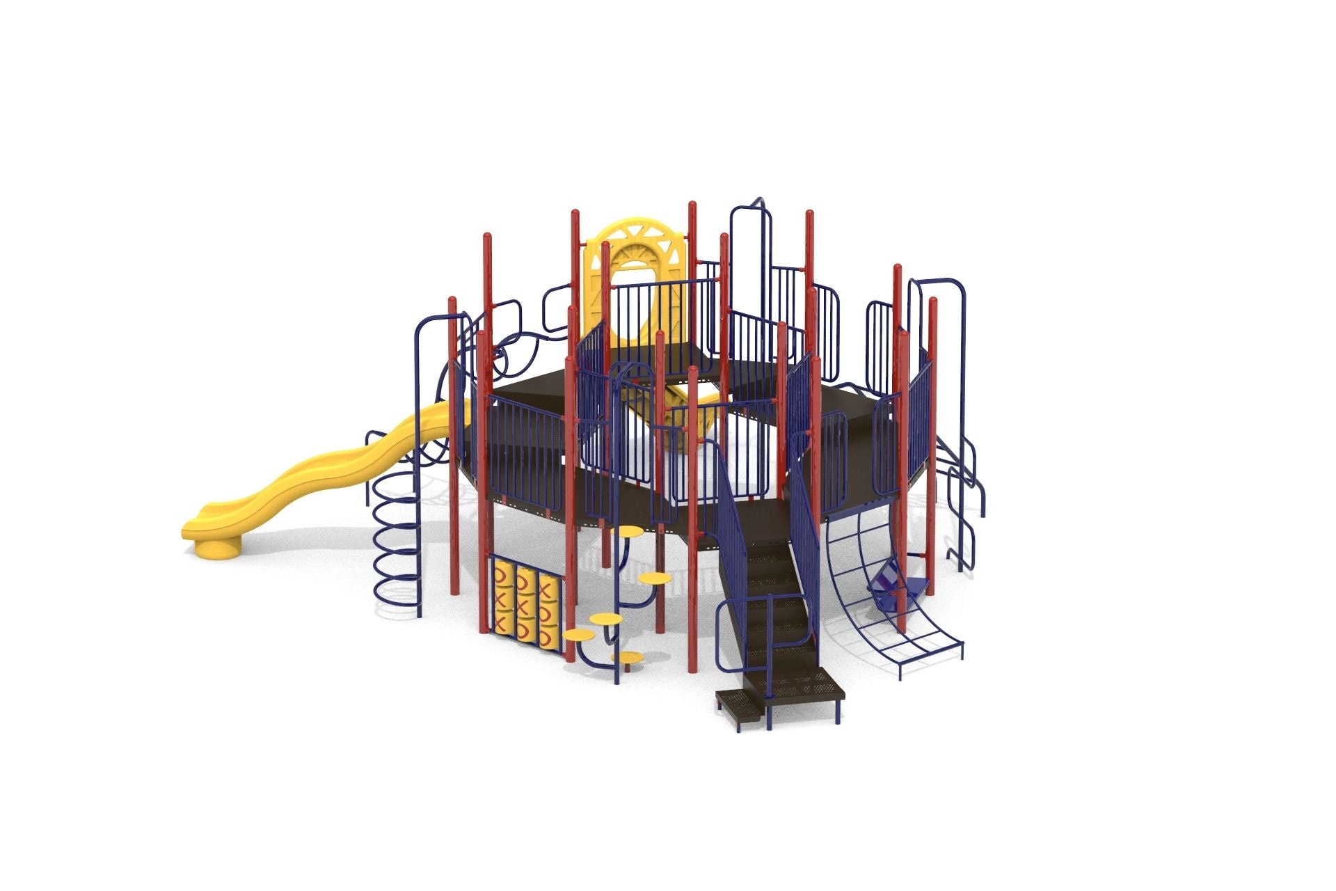 Colorful playground with slides, climbing structures, multiple platforms, and an interactive tic-tac-toe panel