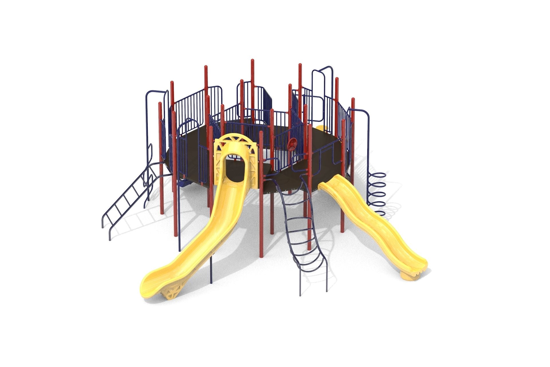 Elevated playground with yellow slides, red and blue climbing frames, and interactive learning panels for active play.