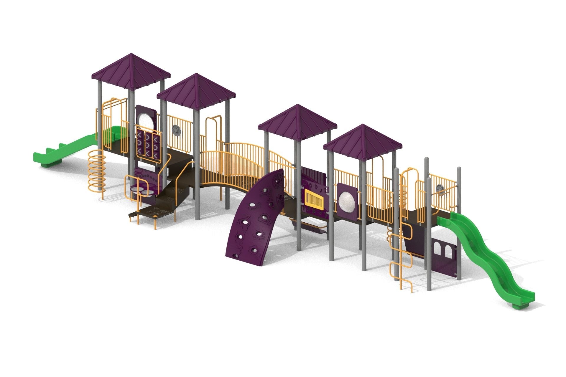 Outdoor playground with purple roofs, green slides, climbing wall, arch bridge, and interactive play panels.