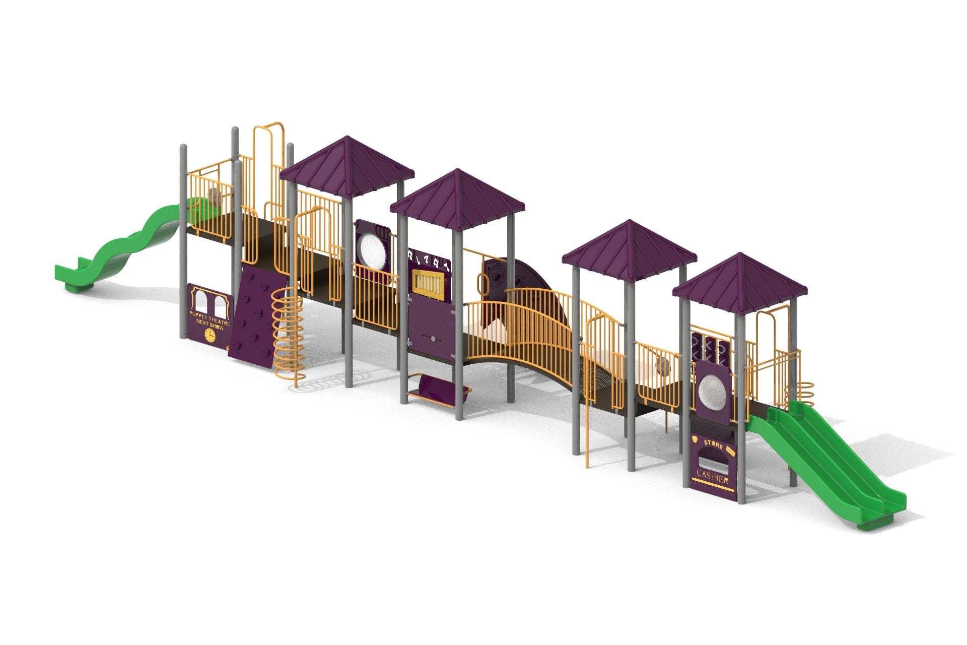 Outdoor playground with purple roofs, yellow railings, green slides, climbing elements, and interactive panels for active play and social interaction.