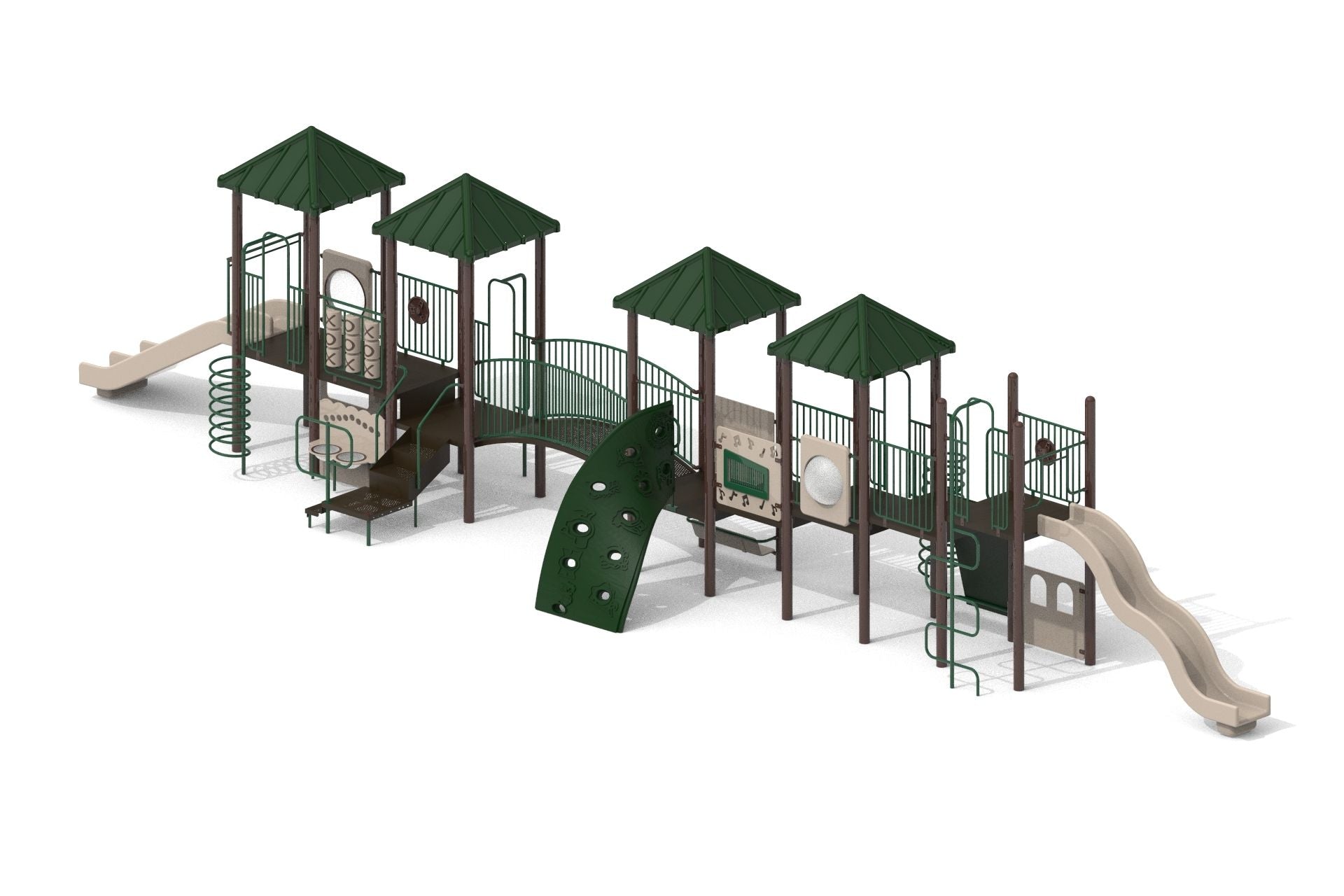 Outdoor playground with green roofs, beige slides, climbing wall, arch bridge, and interactive play panels