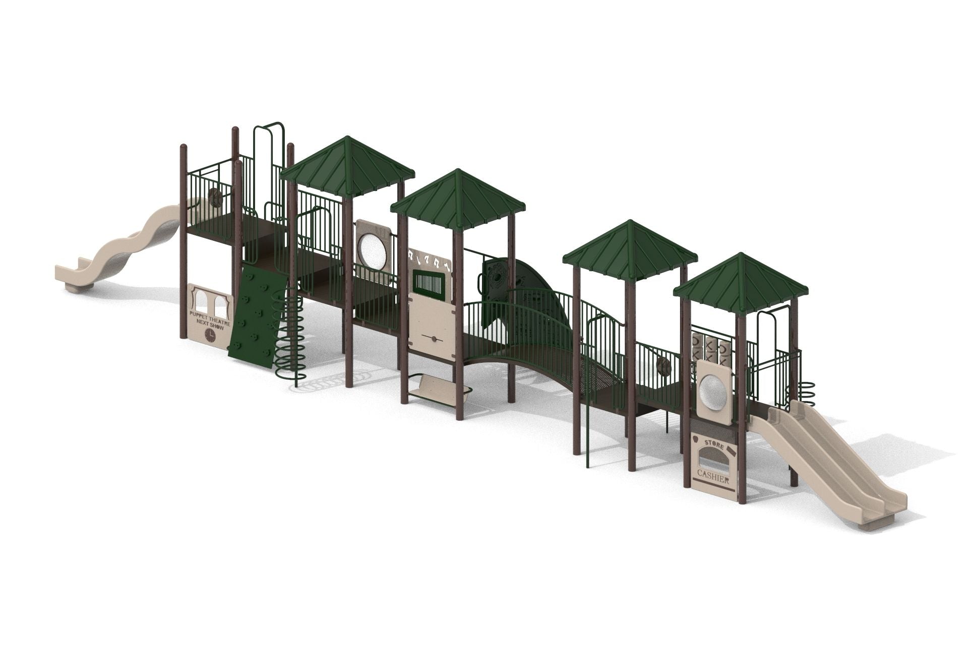 Shenandoah WillyGoat Playground with green roofs, beige slides, climbing panels, arch bridge, and interactive play features