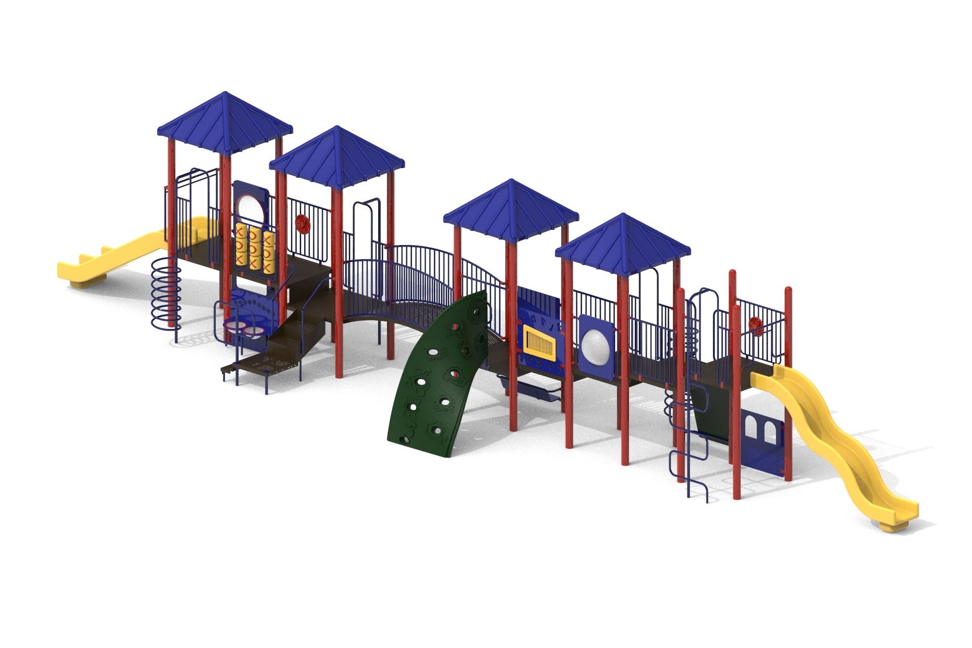Outdoor playground with blue roofs, yellow slides, climbing wall, arch bridge, and interactive play panels