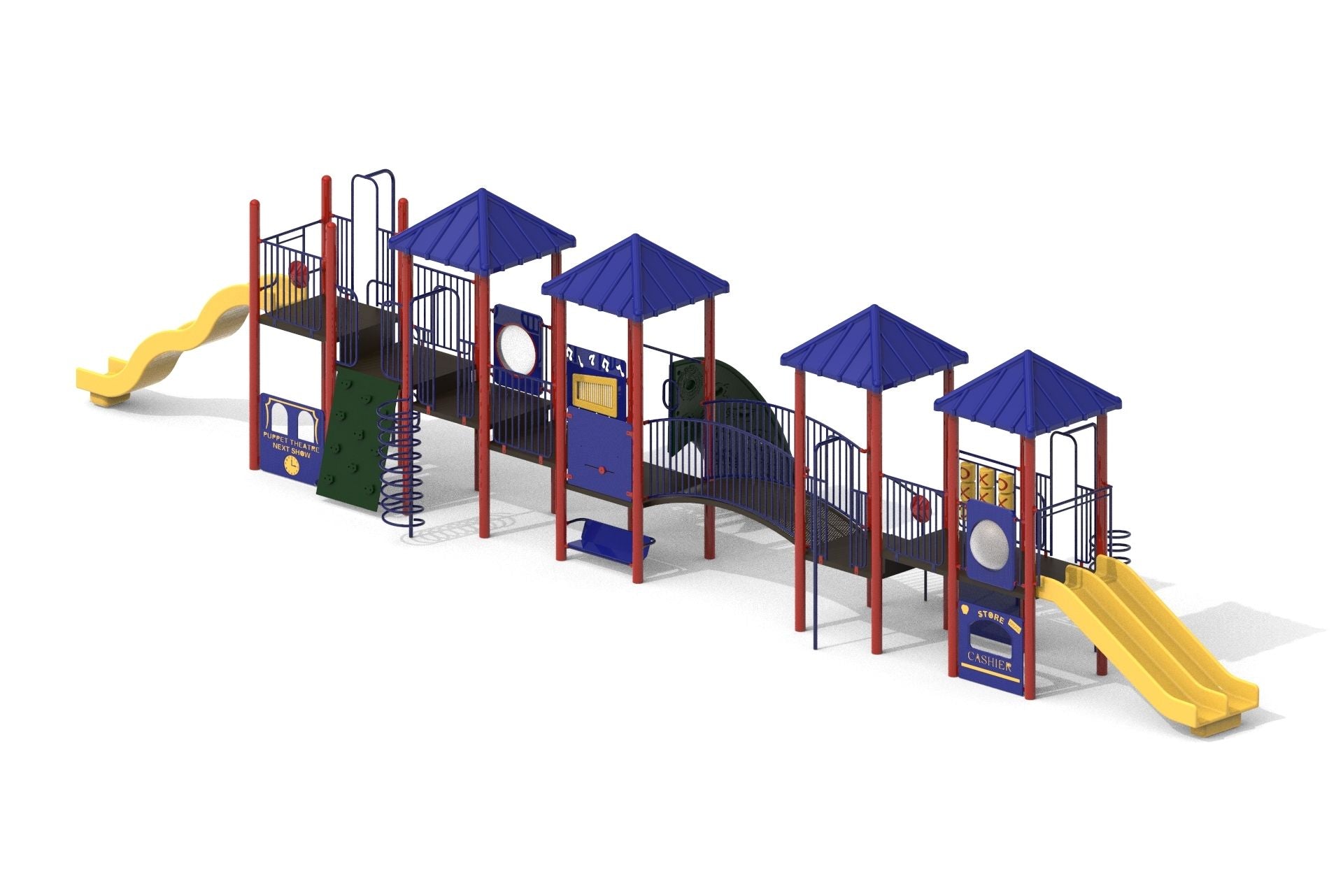 Colorful outdoor playground with multiple slides, climbing features, interactive panels, and an arch bridge for active play and social interaction.