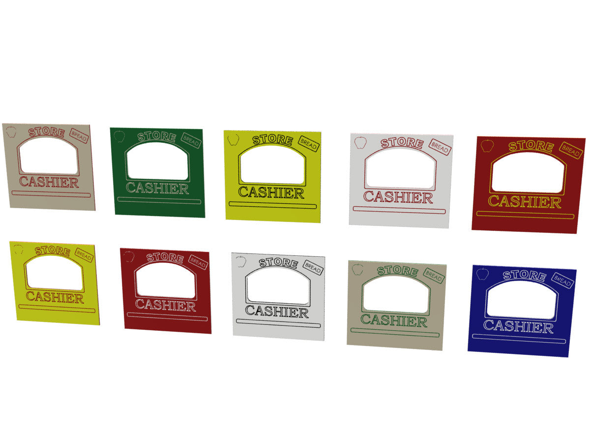 Colorful outdoor play panels with cashier windows, spinner maze, and music panel for interactive children's playgrounds.