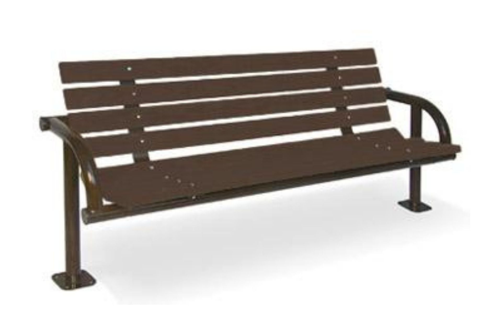 Single-Post Contour Park Bench with dark brown recycled plastic planks and metal frame, durable eco-friendly outdoor seating