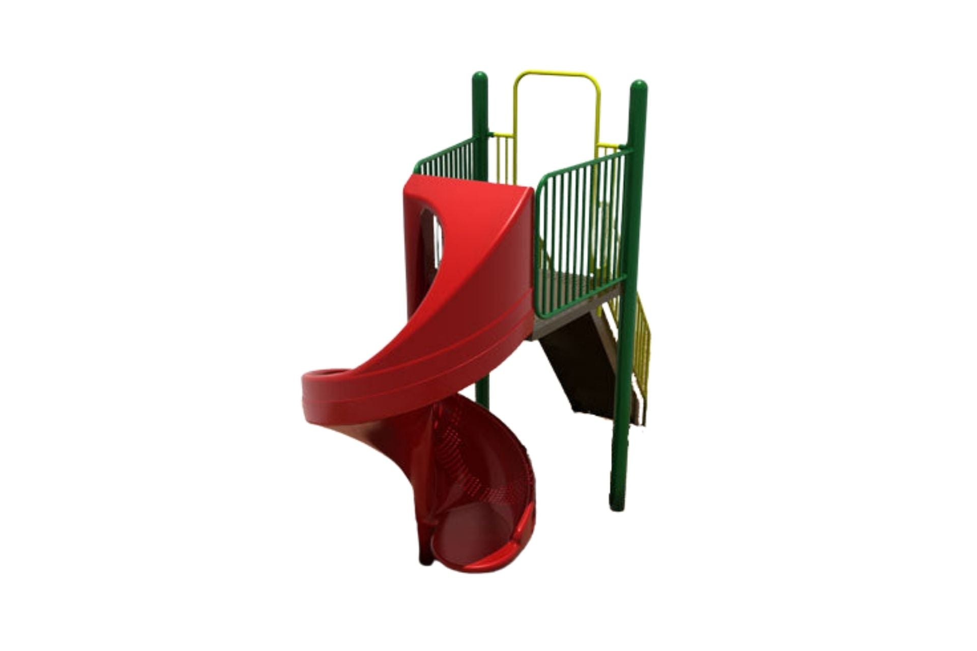 Six Foot Spiral Slide with red spiral chute, green platform, yellow handrails, and secure stairs for playgrounds