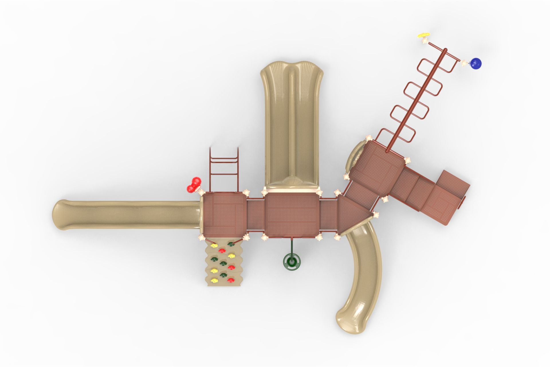 Overhead view of a large playground with multiple beige slides, climbing wall, monkey bars, and interconnected platforms