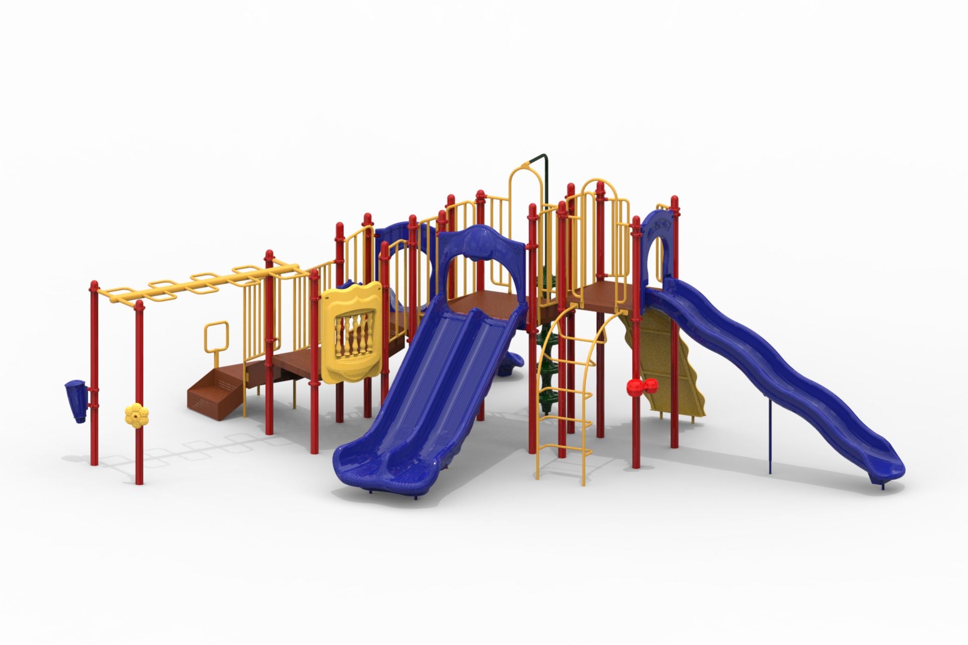 Colorful playground structure with multiple blue slides, yellow climbing bars, red support posts, and various play features
