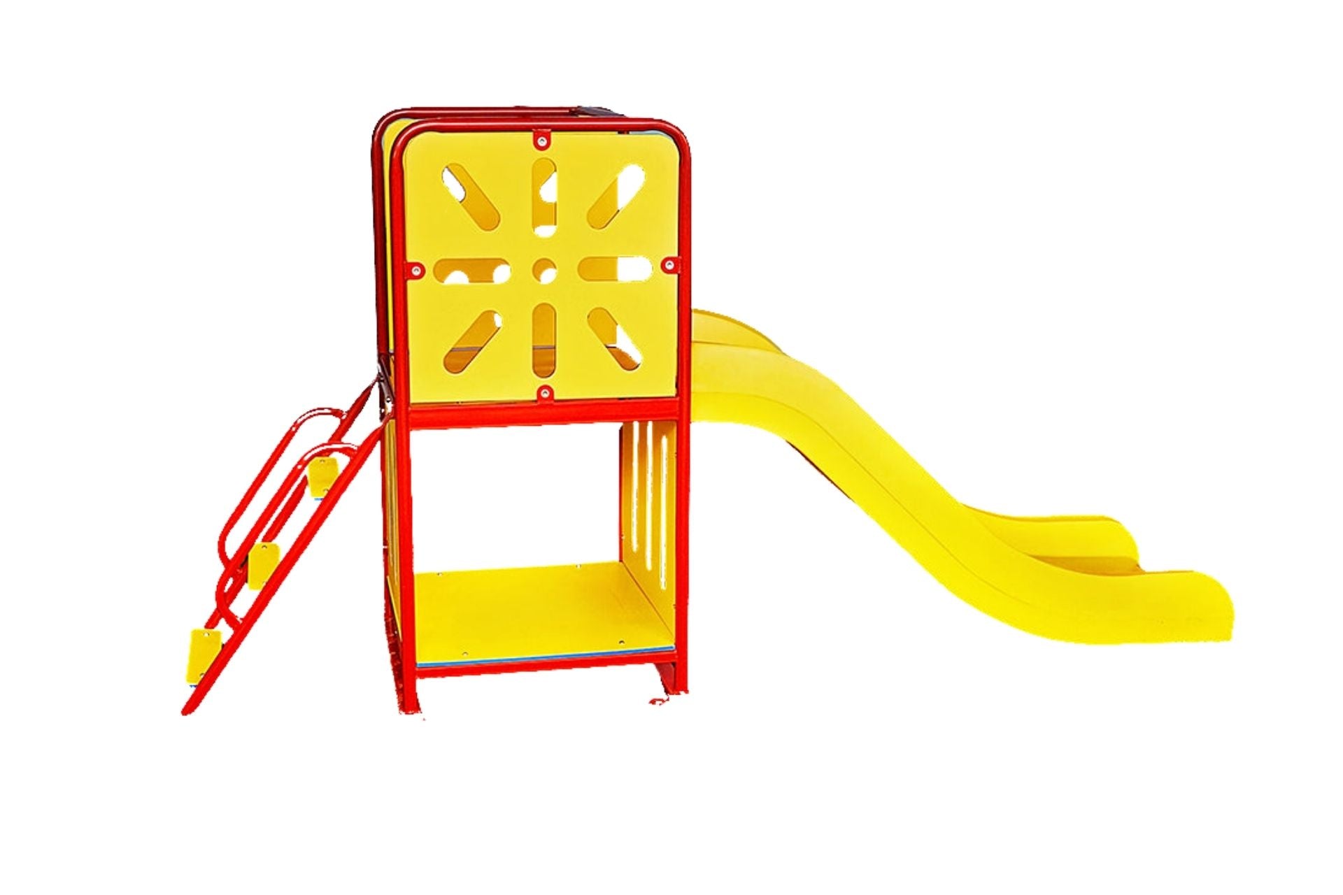 Small Tree House and Slide playground unit with red frame, yellow sunburst panels, and yellow slide on white background