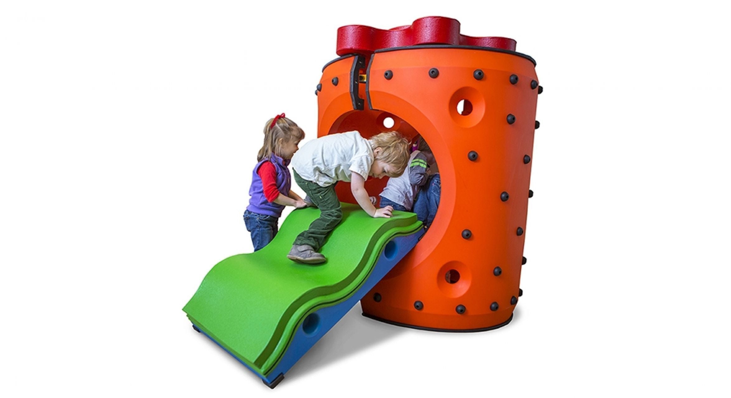 Children climbing on bright orange modular play structure with green and blue wavy ramp for outdoor interactive play