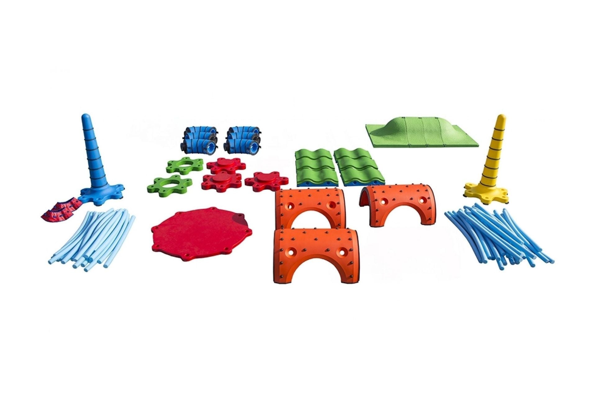 Snug Play Advanced Kit with colorful interactive outdoor play equipment components on white background for school and community use