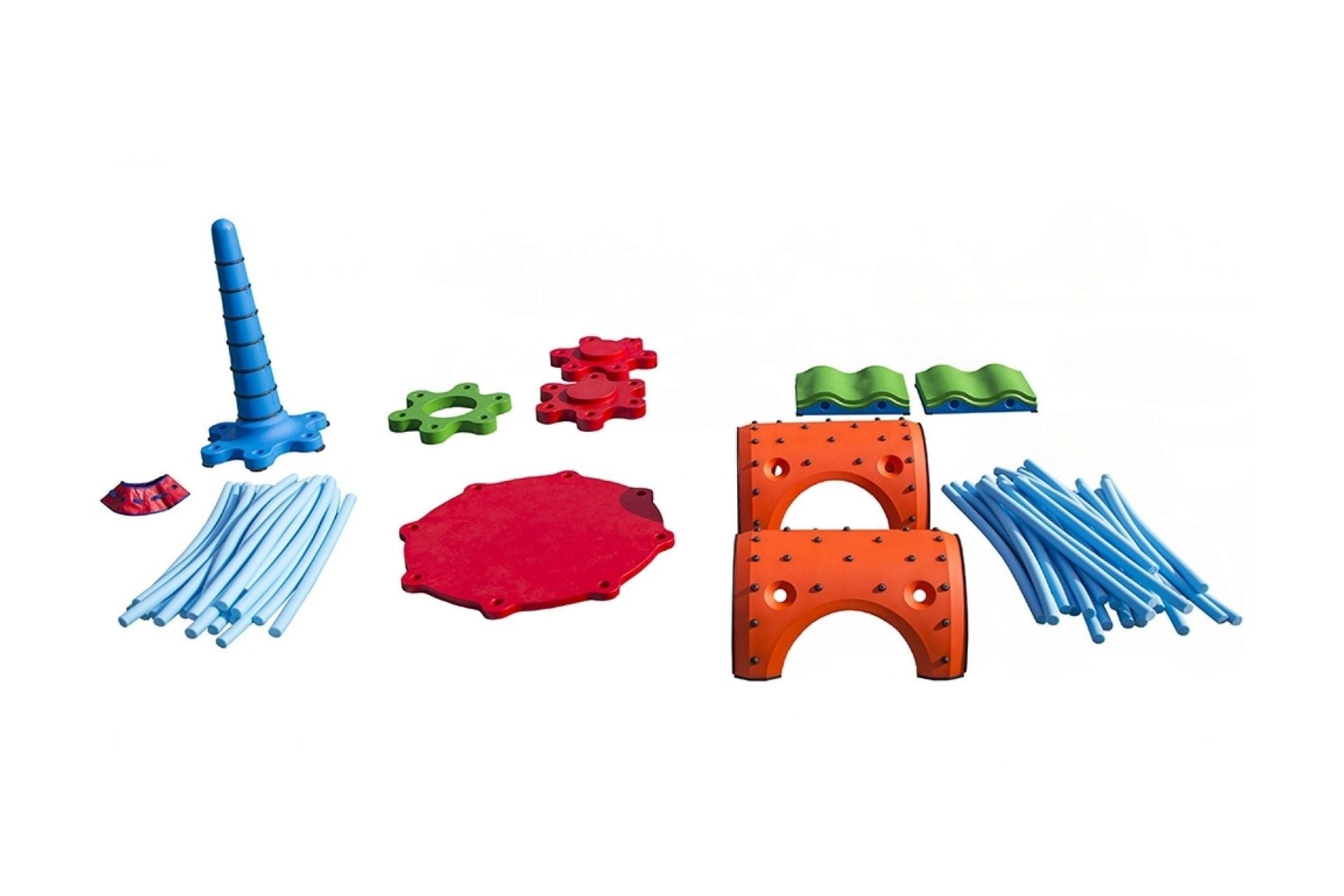 Snug Play Elementary Kit with colorful modular waves, bumps, cogs, cone, walls, pad, spider, and noodles for interactive outdoor play