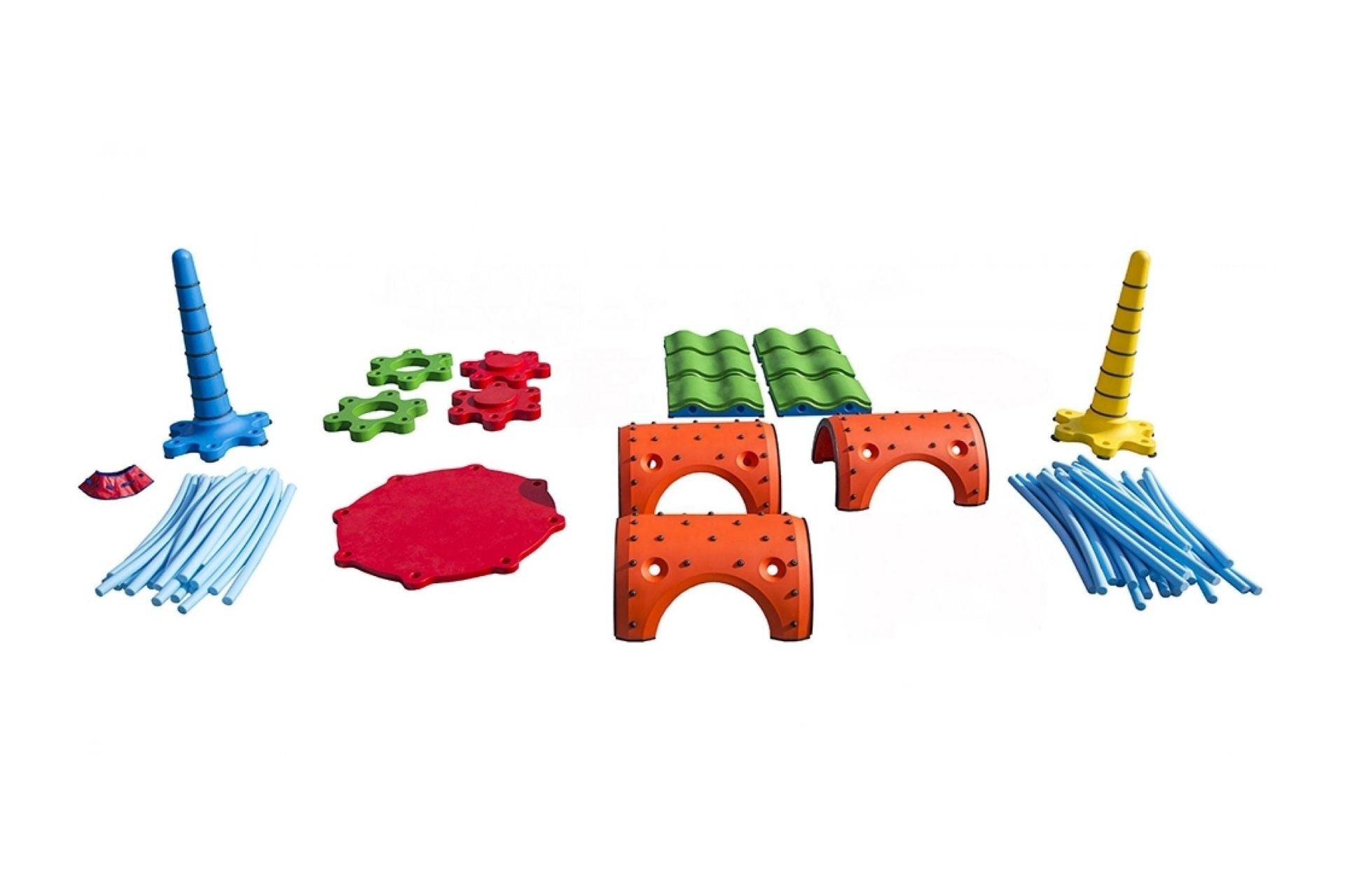 Snug Play Intermediate Kit with colorful modular Waves, Bumps, Noodles, and cones on white background for interactive play