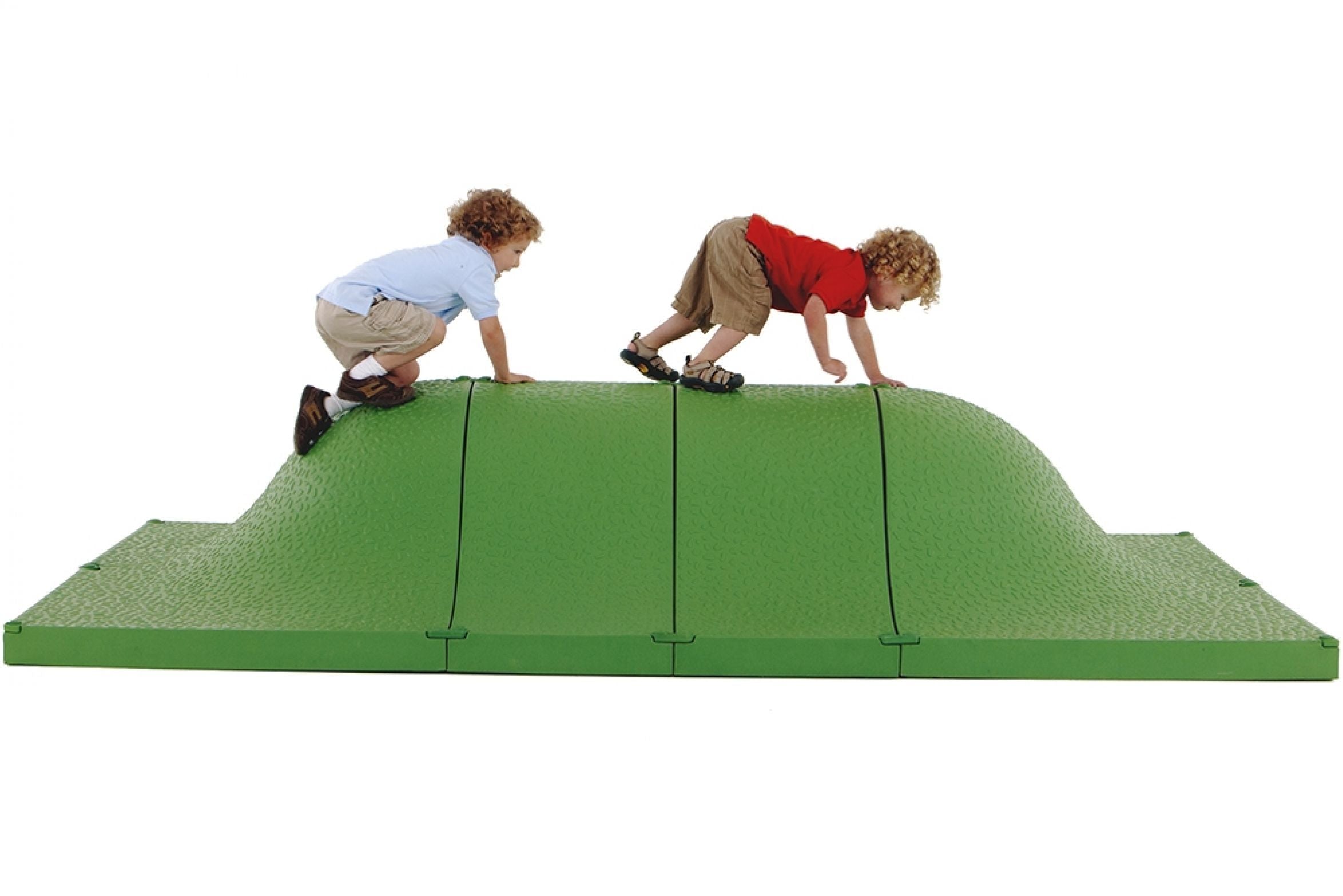 Green textured interactive play mound with two children climbing, promoting active outdoor play and exploration