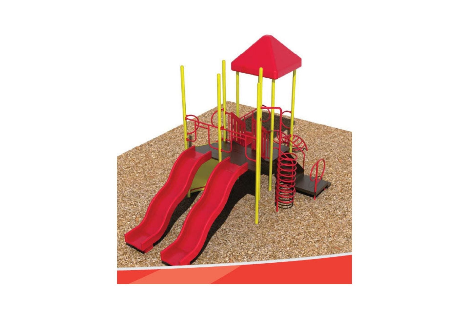 Outdoor modular playground with dual red slides, yellow steel posts, corkscrew climber, and red canopy on wood chip ground