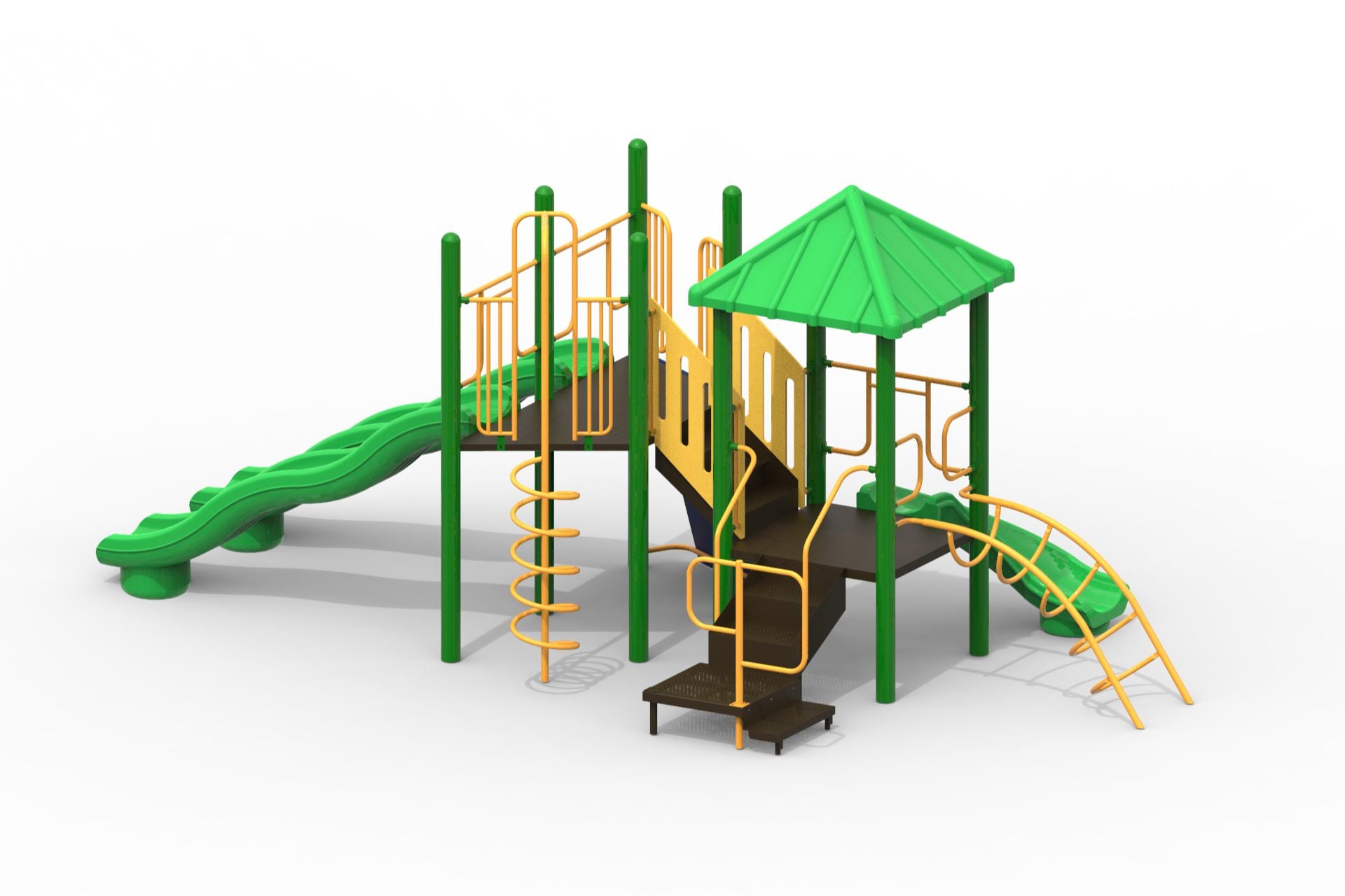 Outdoor modular playground with green wave slides, yellow climbing structures, corkscrew climber, and green roofed platform