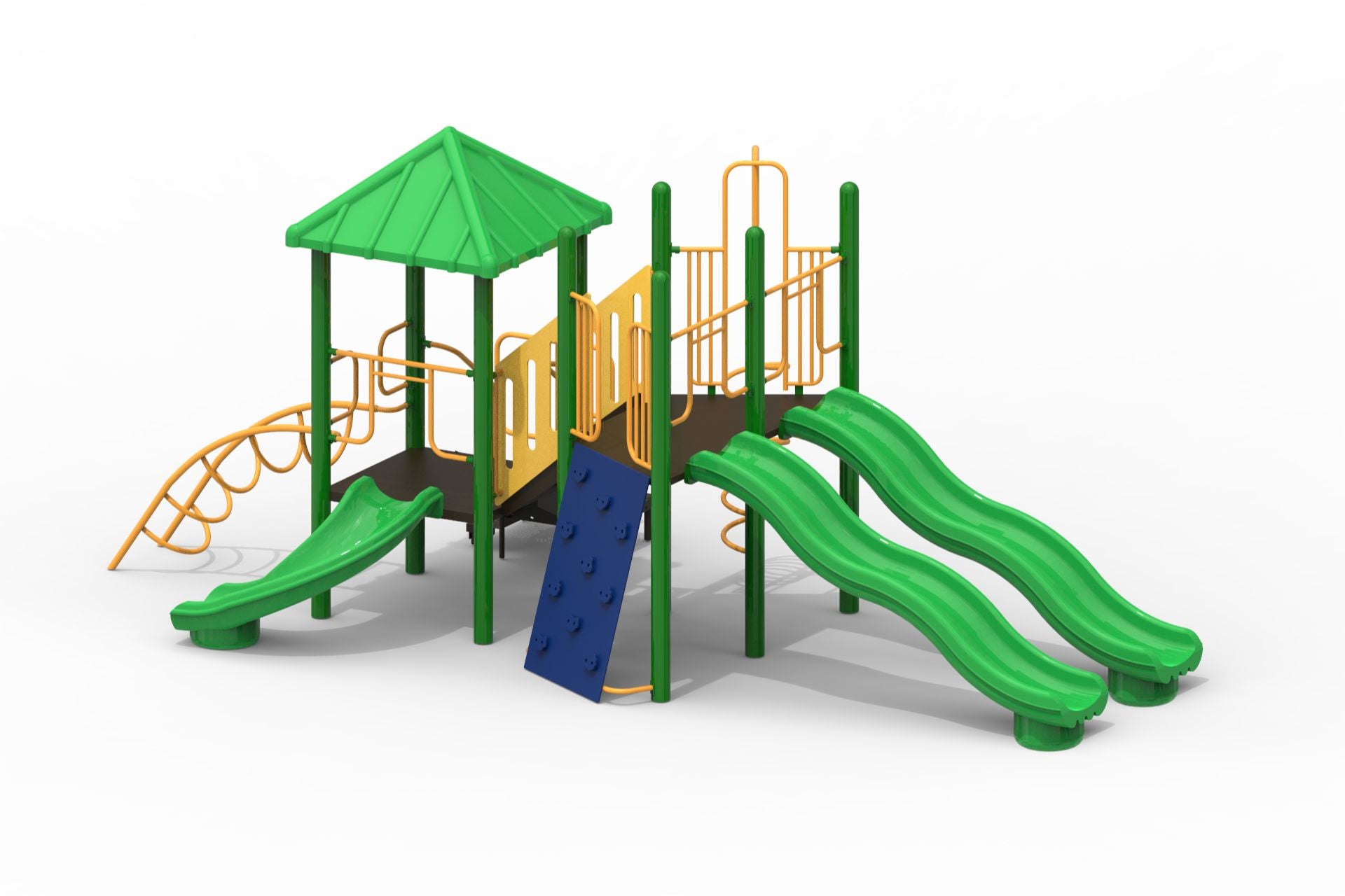 Outdoor modular playground with green double slides, climbing wall, spiral climber, and covered platform