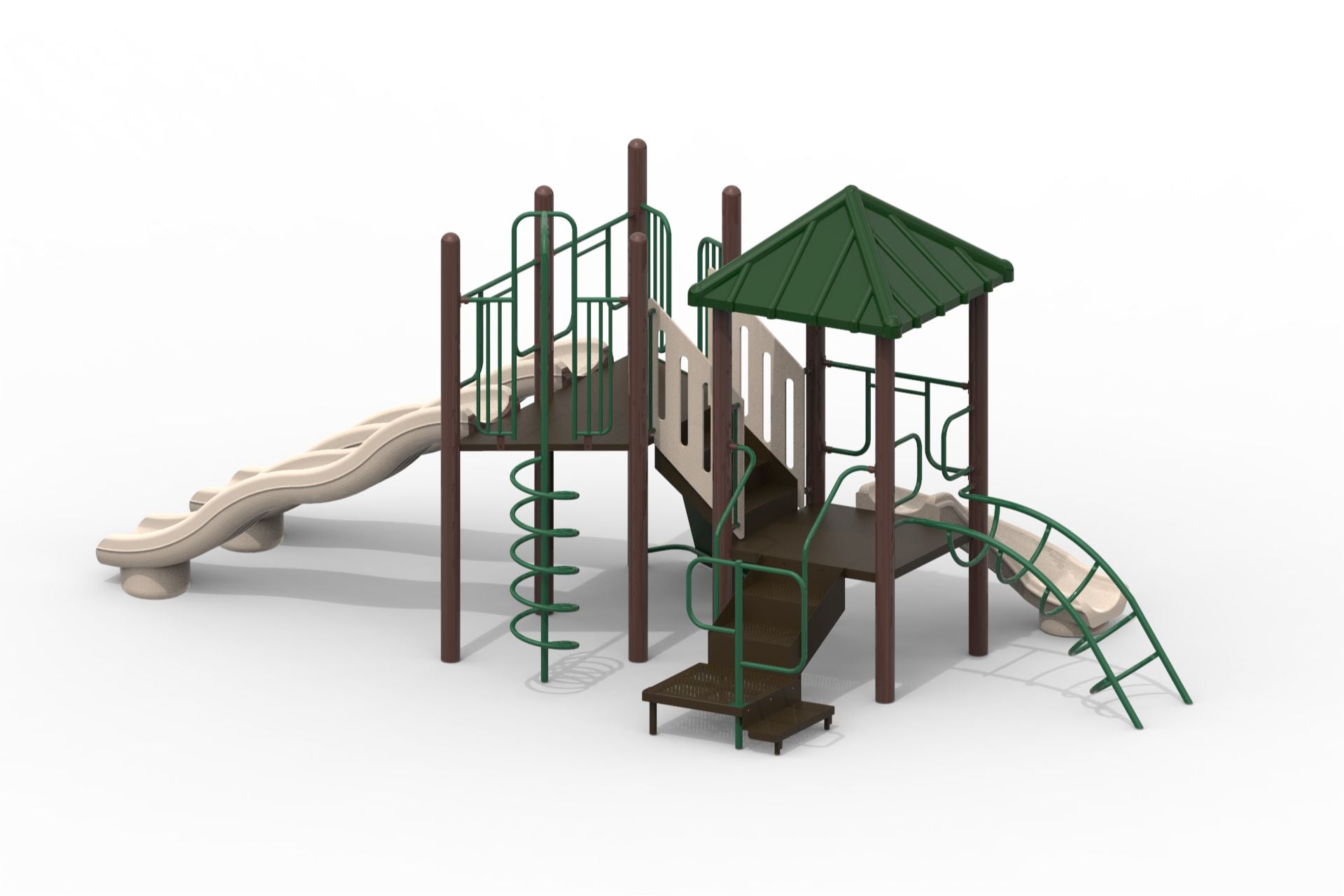 Outdoor modular playground with green roof, dual beige slides, spiral climber, and curved ladder climbing features
