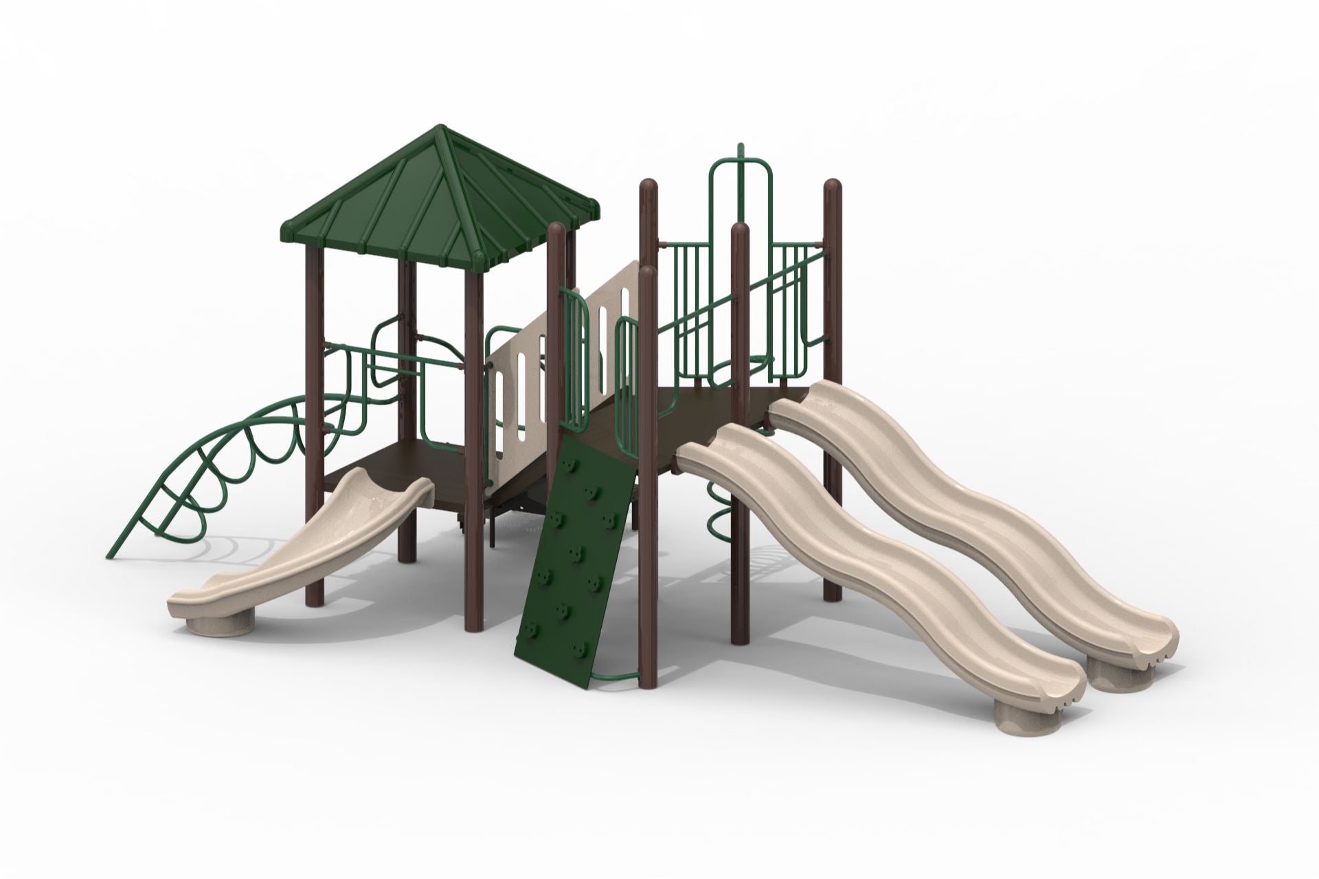 Sophia Modular Playground with dual beige slides, green climbing wall, spiral climber, and green roof on natural brown uprights