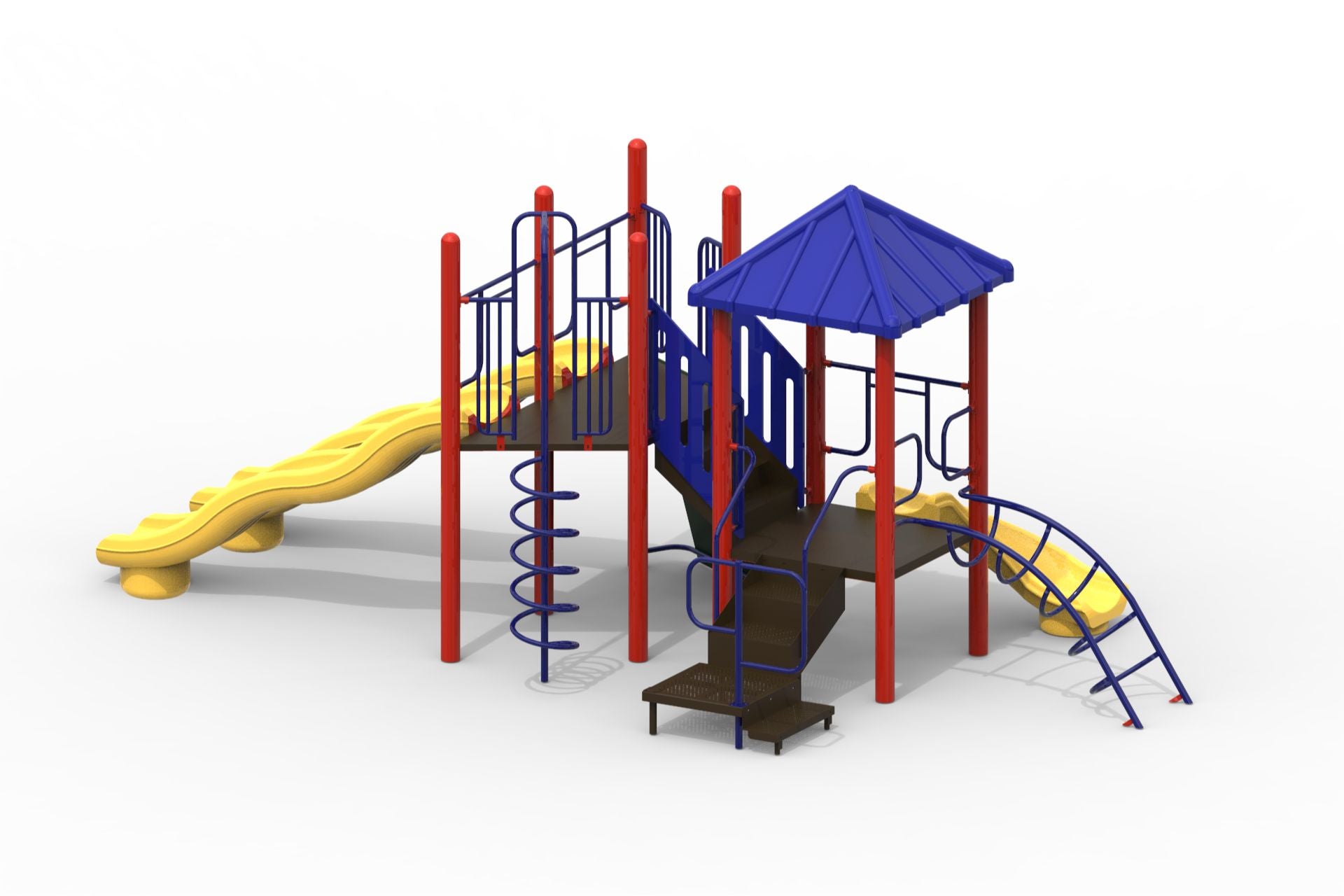 Outdoor modular playground with red steel posts, blue roof and railings, yellow bump wave slides, spiral climber, and arch ladder