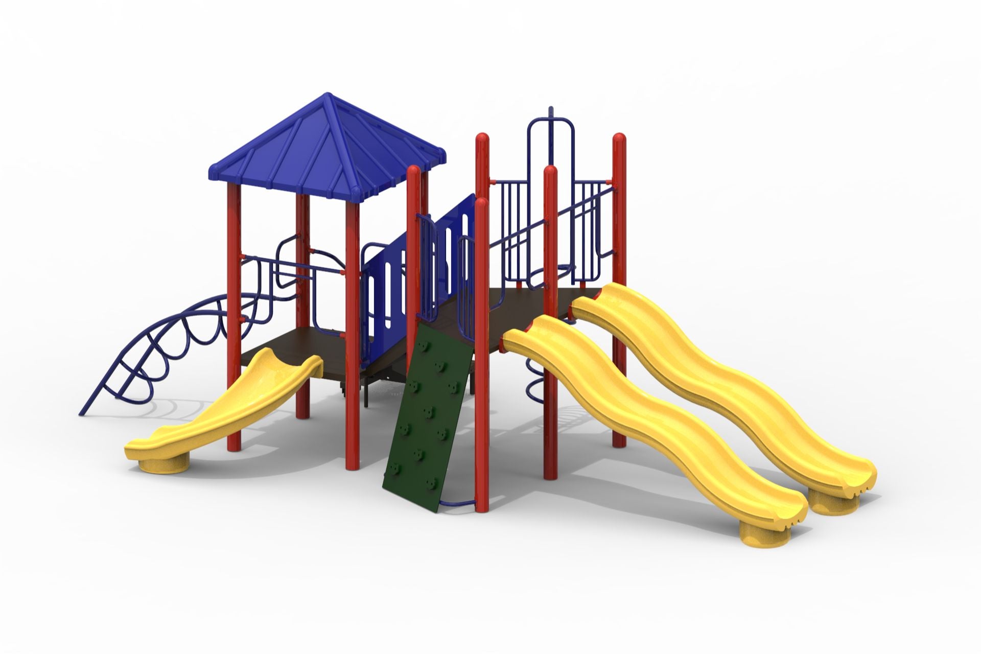 Colorful modular playground with yellow bump wave slides, rock climbing wall, spiral corkscrew climber, and blue roof on red steel uprights