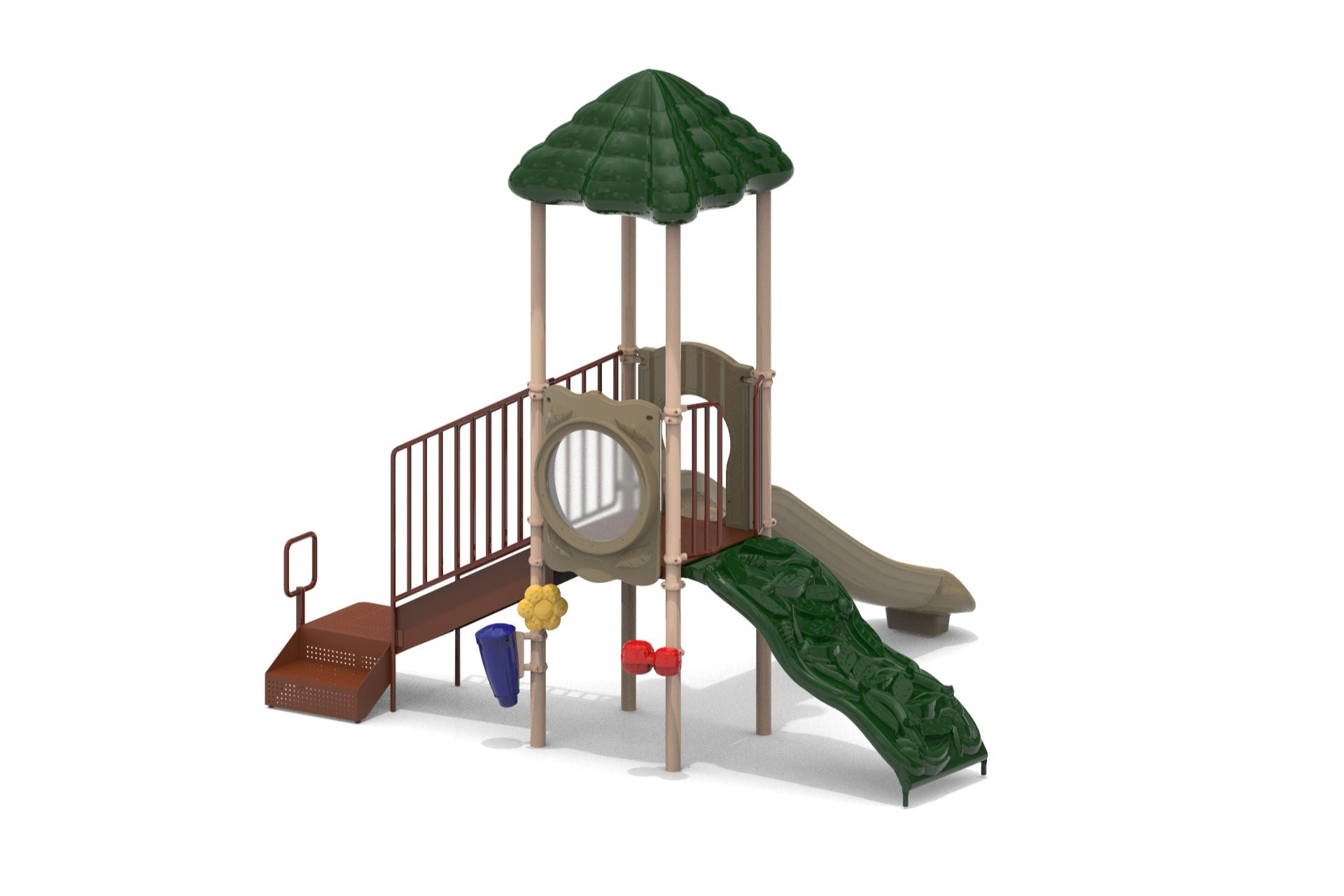 Compact playground structure with green leaf-patterned climbing wall, beige slide, shaded roof, and interactive activity panels