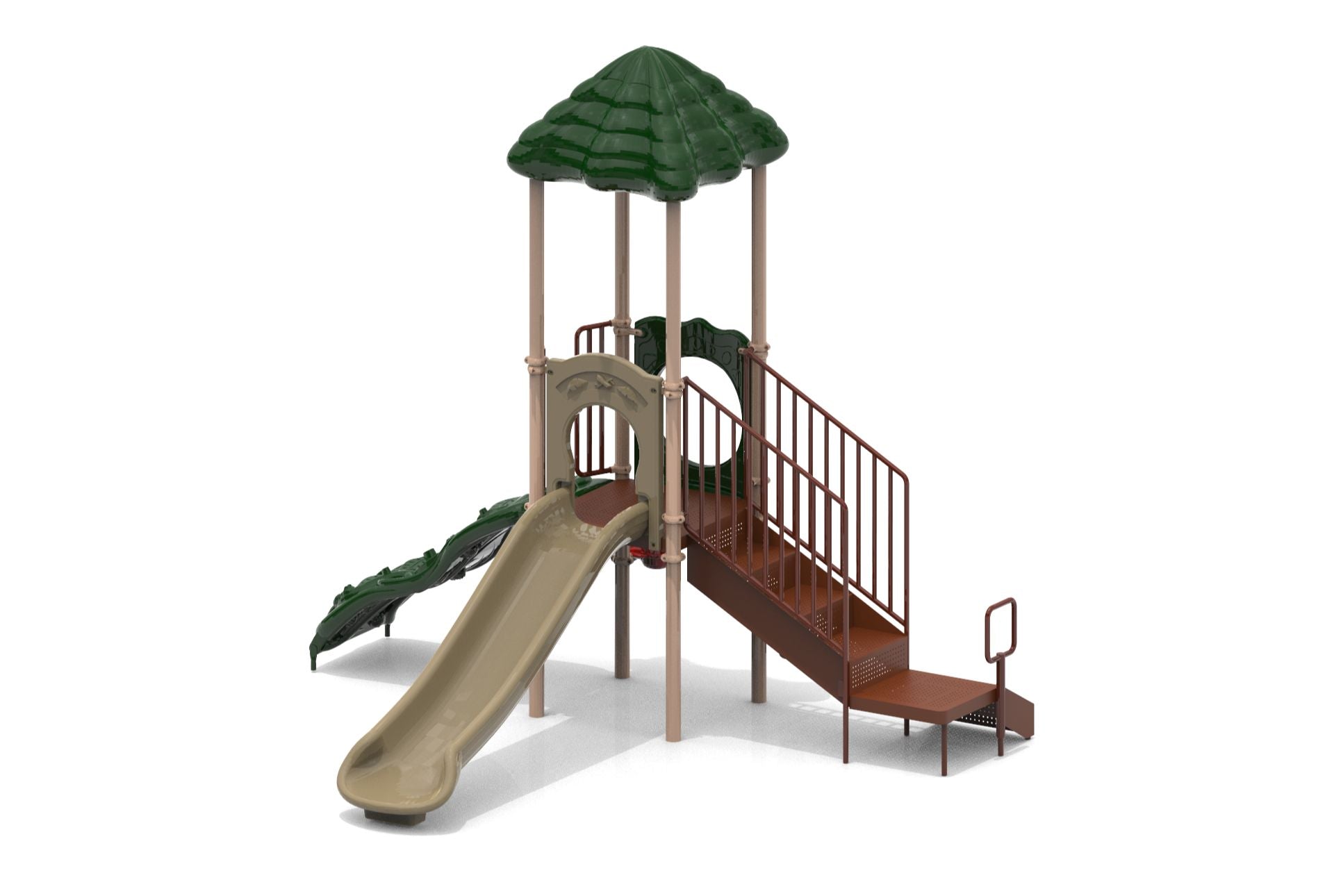 Compact playground structure with green leaf-shaped roof, beige slide, climbing wall, and brown stairs with railings
