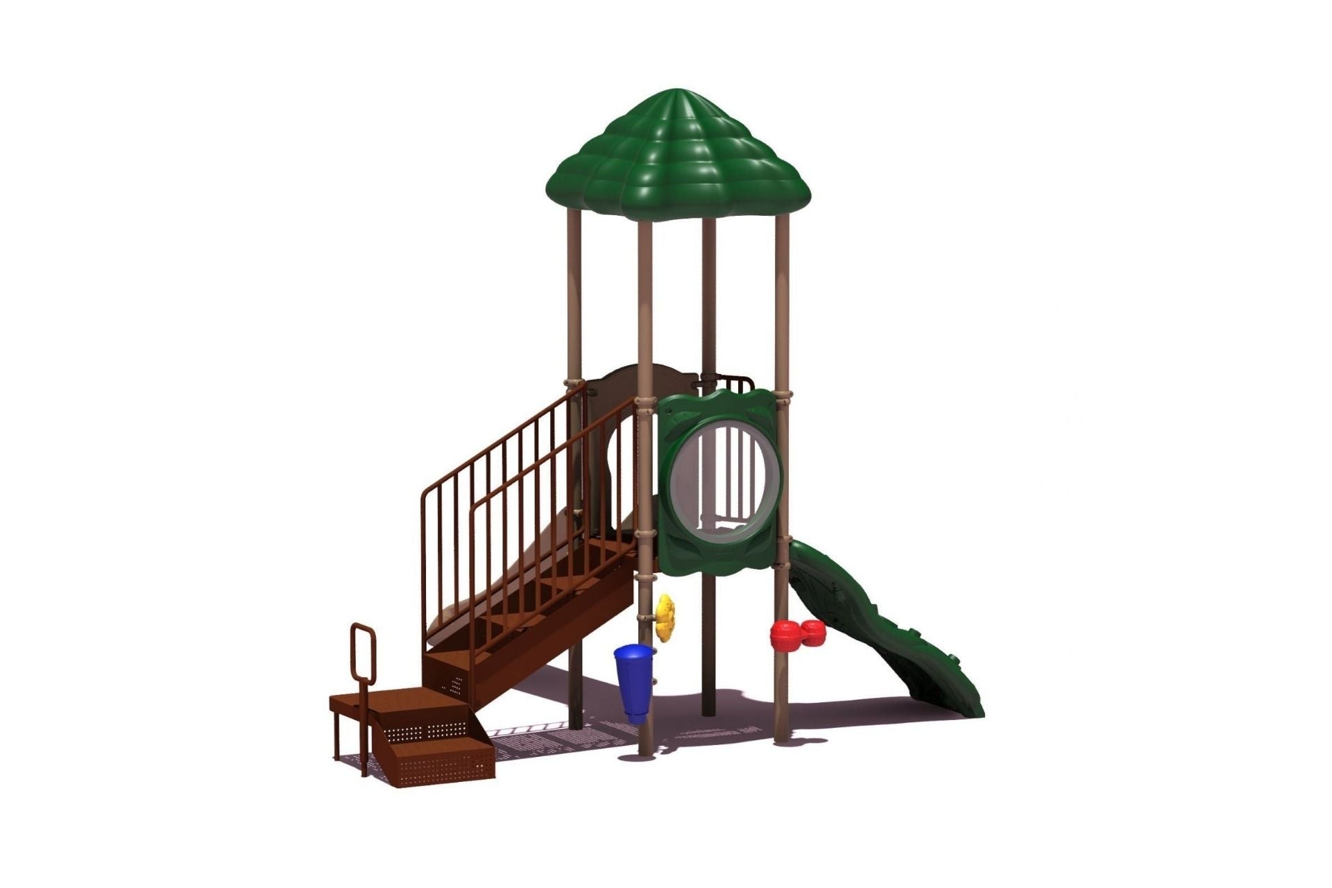 Compact outdoor playground with green roof, brown stairs, green slide, and interactive play panels for active play.