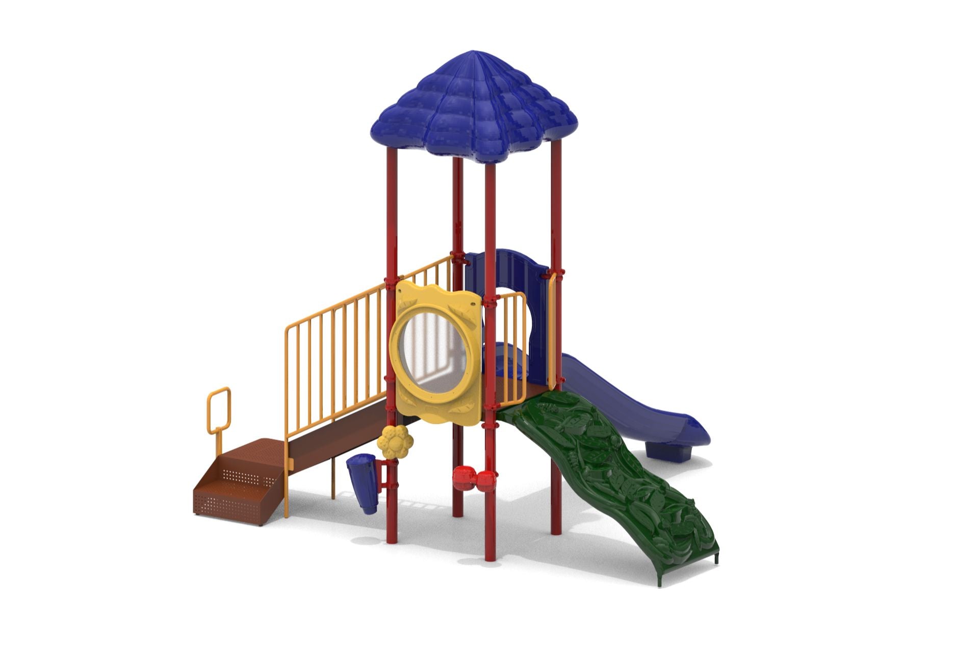 Compact playground structure with blue roof, yellow railings, green climbing wall, blue slide, and interactive play panels