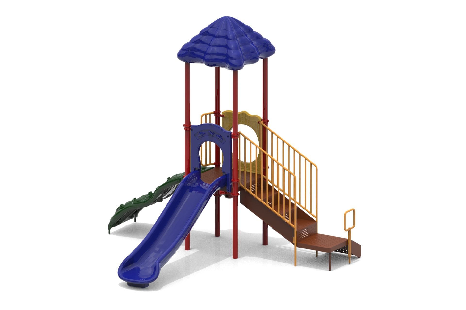 South Fork Play System with blue slide, green climbing wall, yellow railings, and blue roof for durable outdoor play