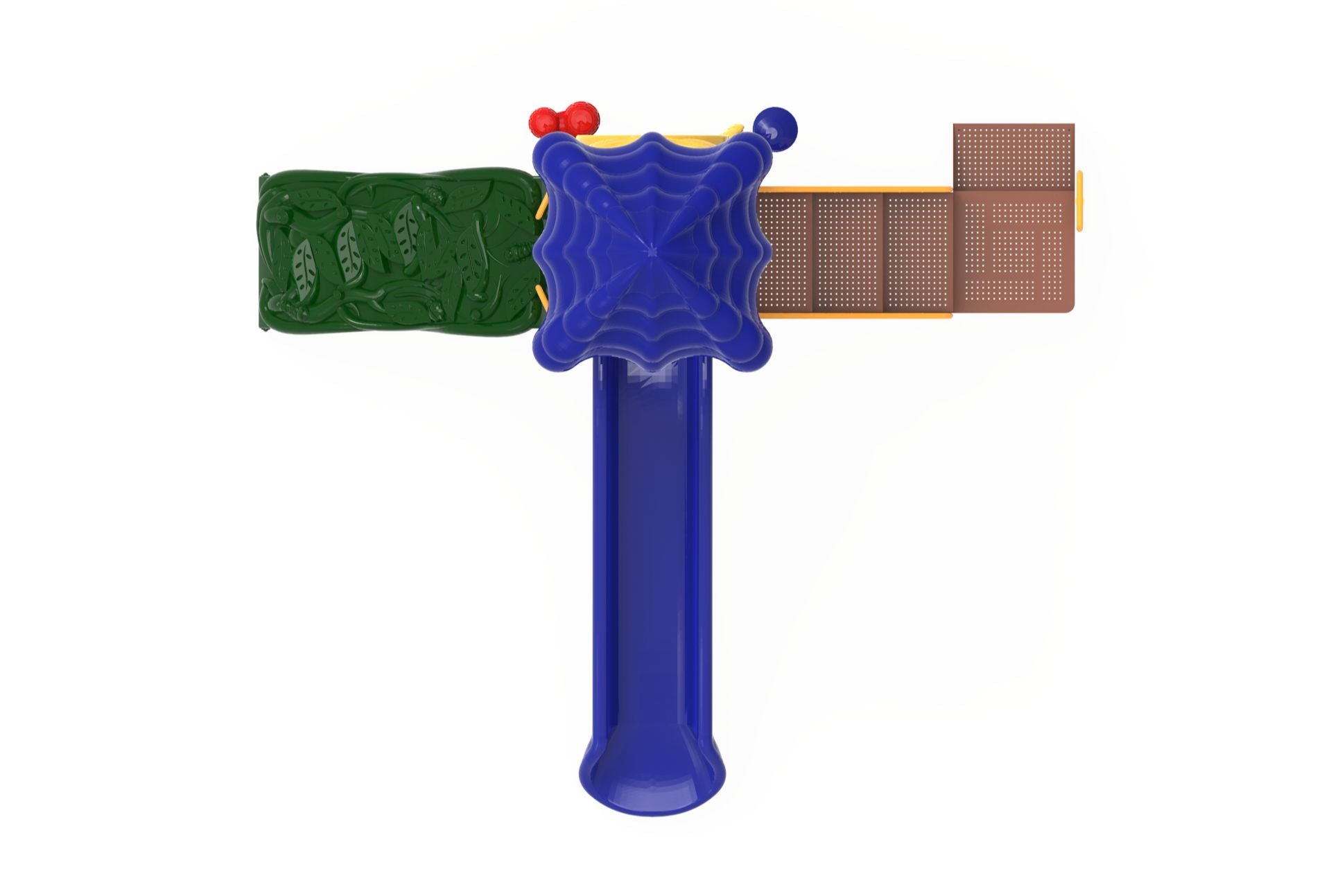 Overhead view of compact playground with blue roof, blue slide, green climbing wall, and brown platforms