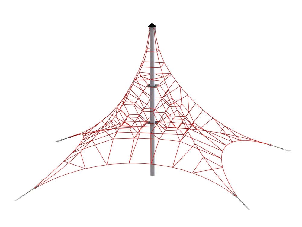 Red rope climbing structure with multi-directional grips and central metal pole for playgrounds.