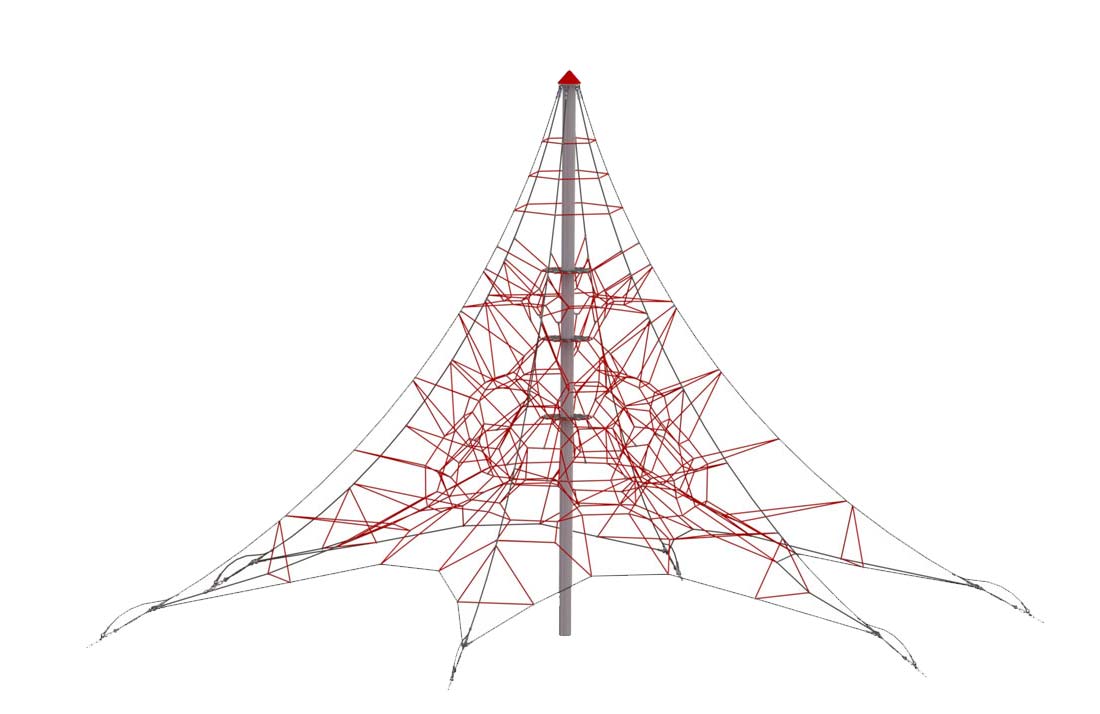 Large outdoor spider web climbing structure with red and black multi-directional ropes around a central pole