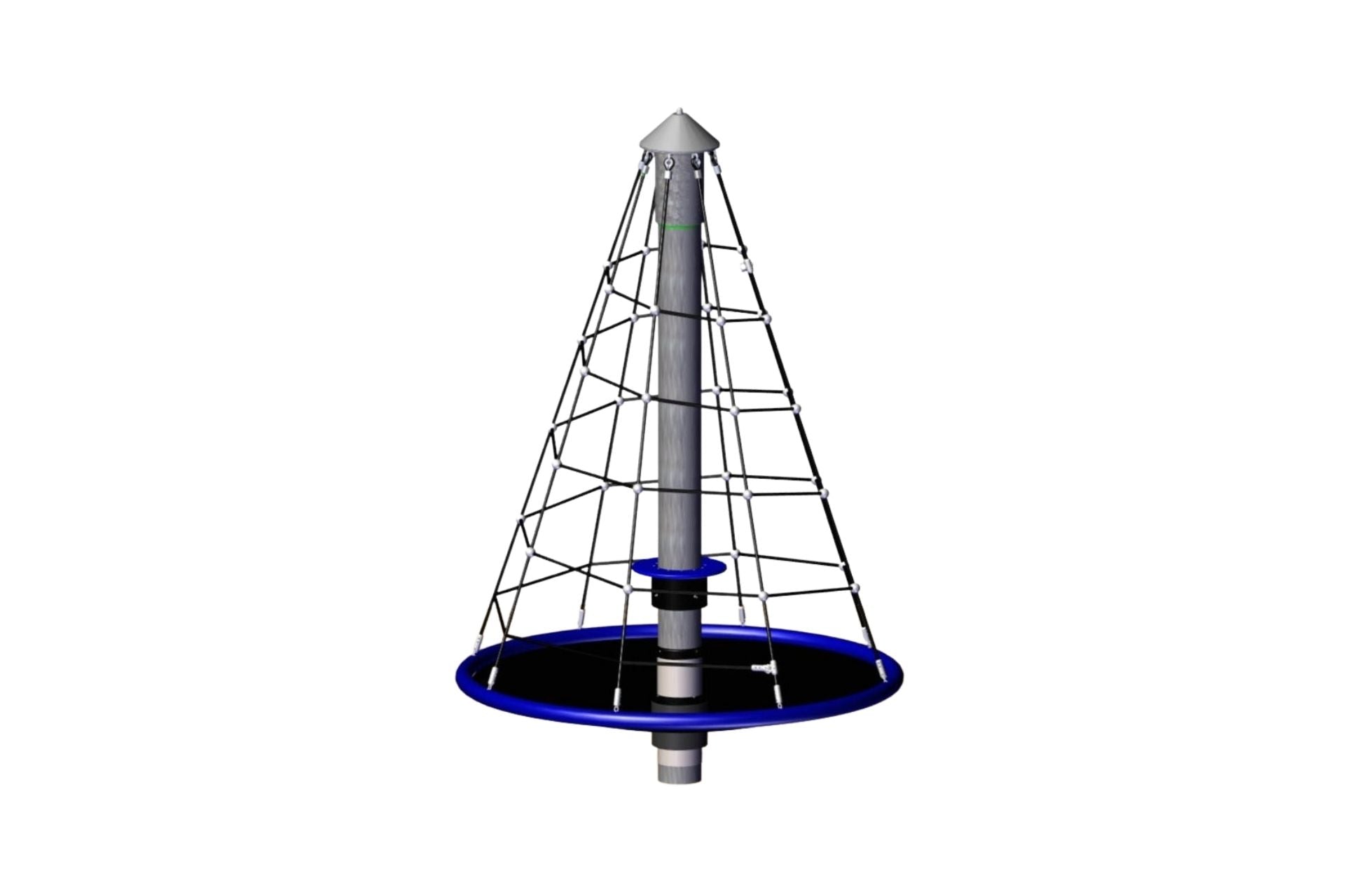 Spiral Carousel climbing equipment with conical rope net and circular blue frame for interactive outdoor play and physical skill development