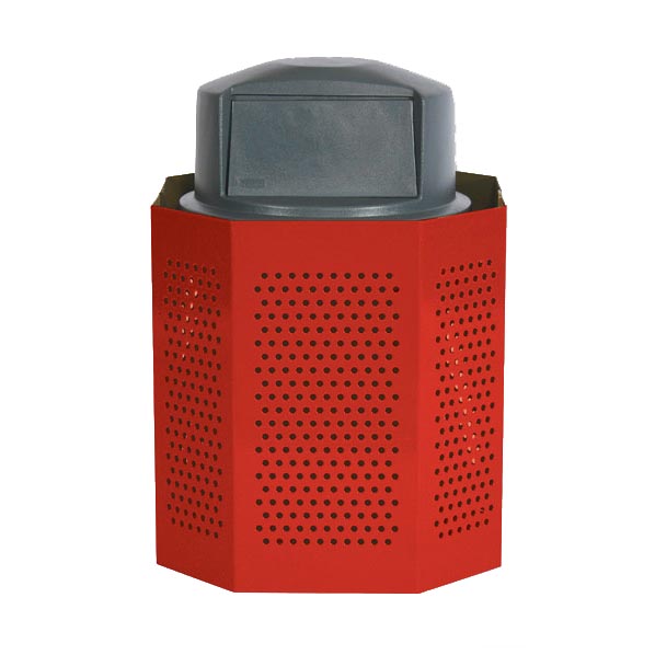Red perforated steel trash receptacle with dark gray thermoplastic coated lid and swing door opening