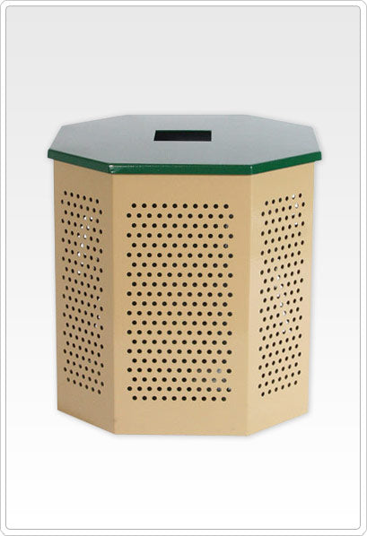 Octagonal beige perforated steel trash receptacle with green thermoplastic coated top and surface mount option