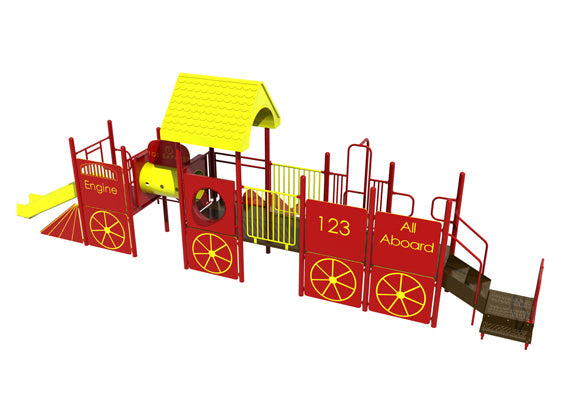 Colorful modular playground shaped like a train with red panels, yellow roof, slide, and climbing features for active outdoor play
