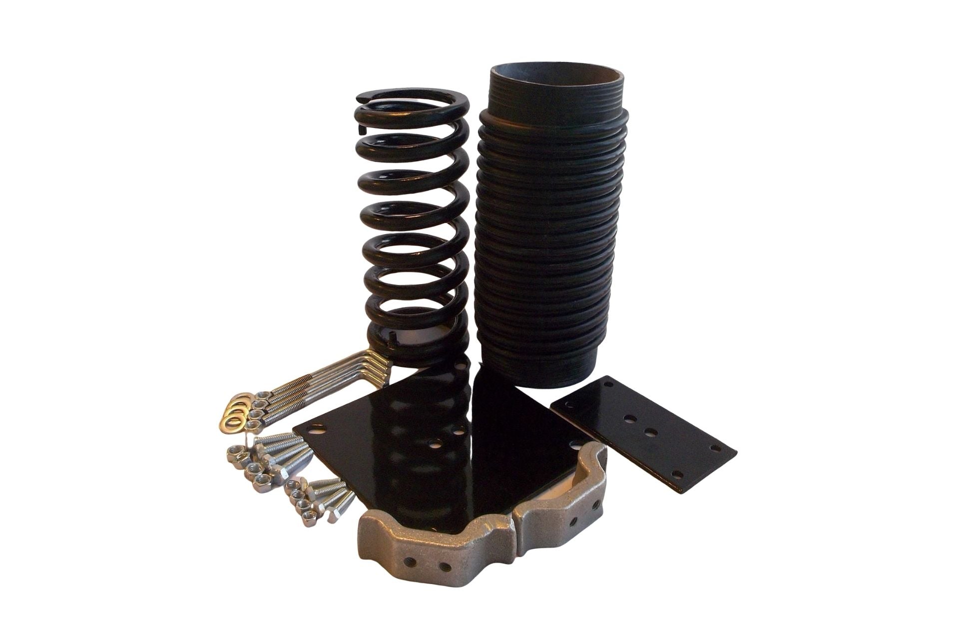 Spring Animal Boot Hardware kit with black coil spring, rubber boot, metal plates, and mounting bolts for Spring Riders and SeeSaws