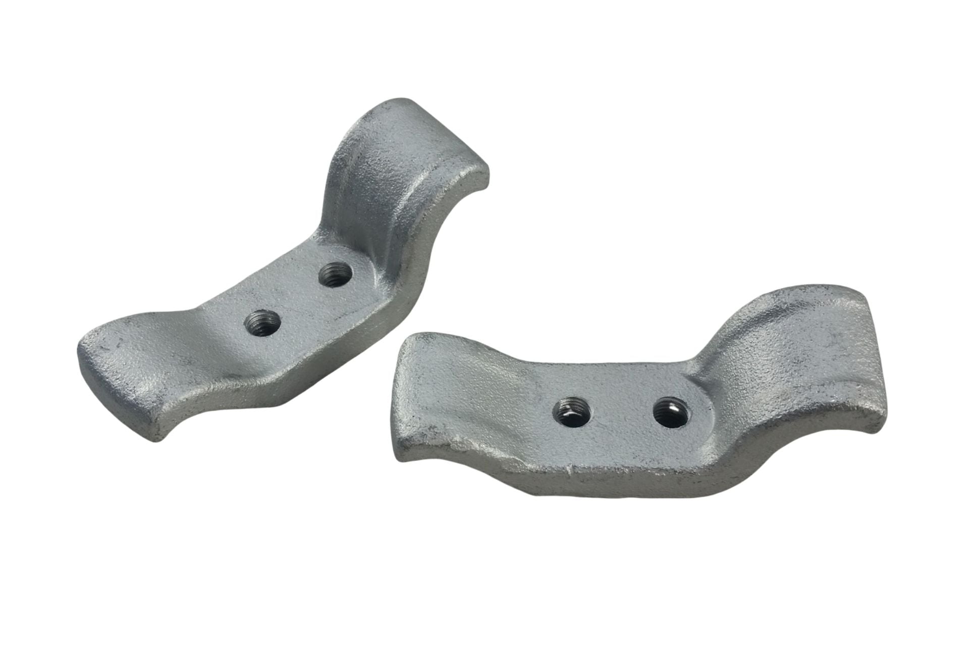 Spring Animal Replacement Casting pair of curved silver metal mounting brackets with threaded holes for spring riders and seesaws