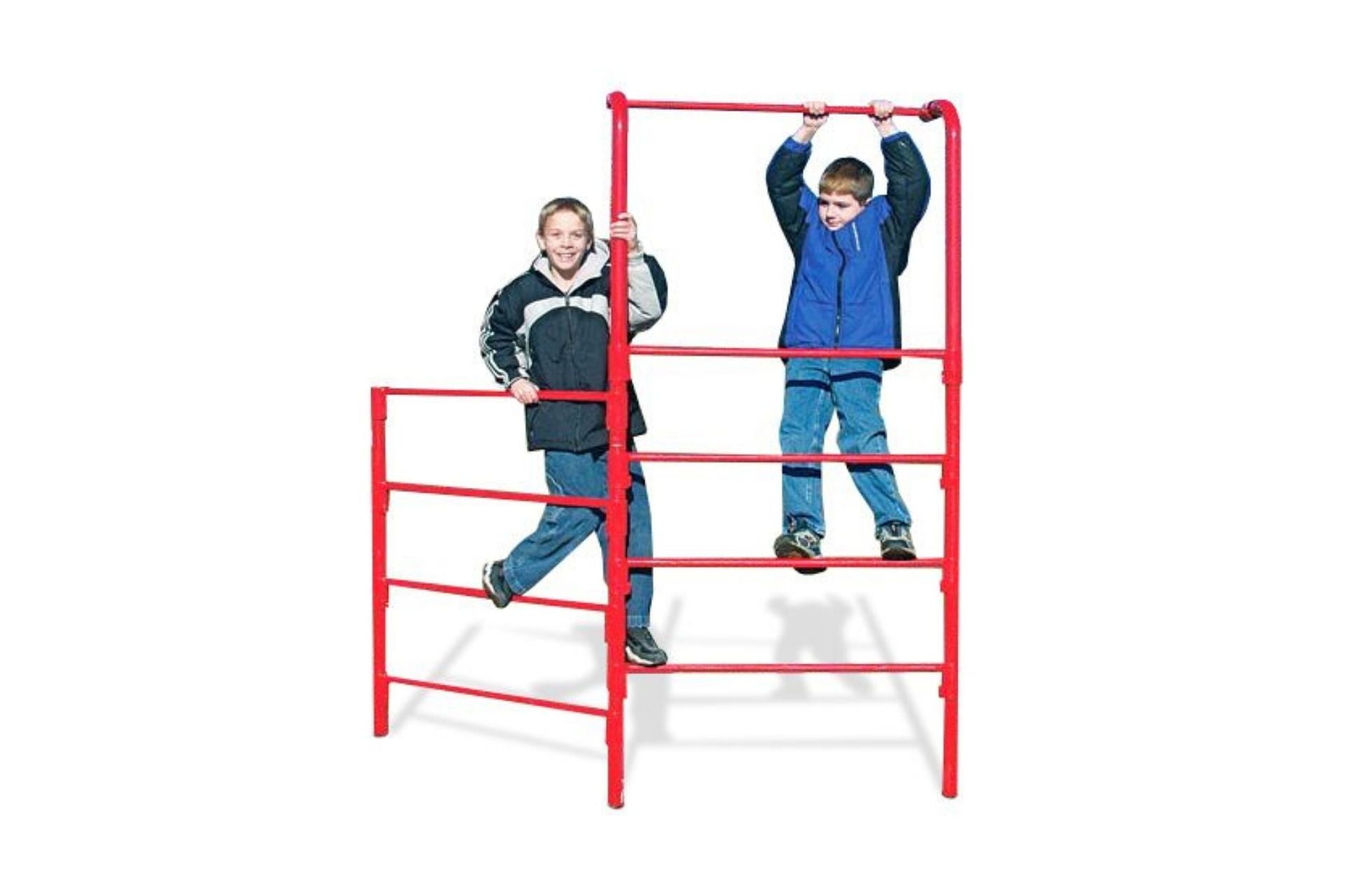 Two boys climbing and hanging on bright red Stall Bar Fence Challenge outdoor fitness climbing equipment in a park setting