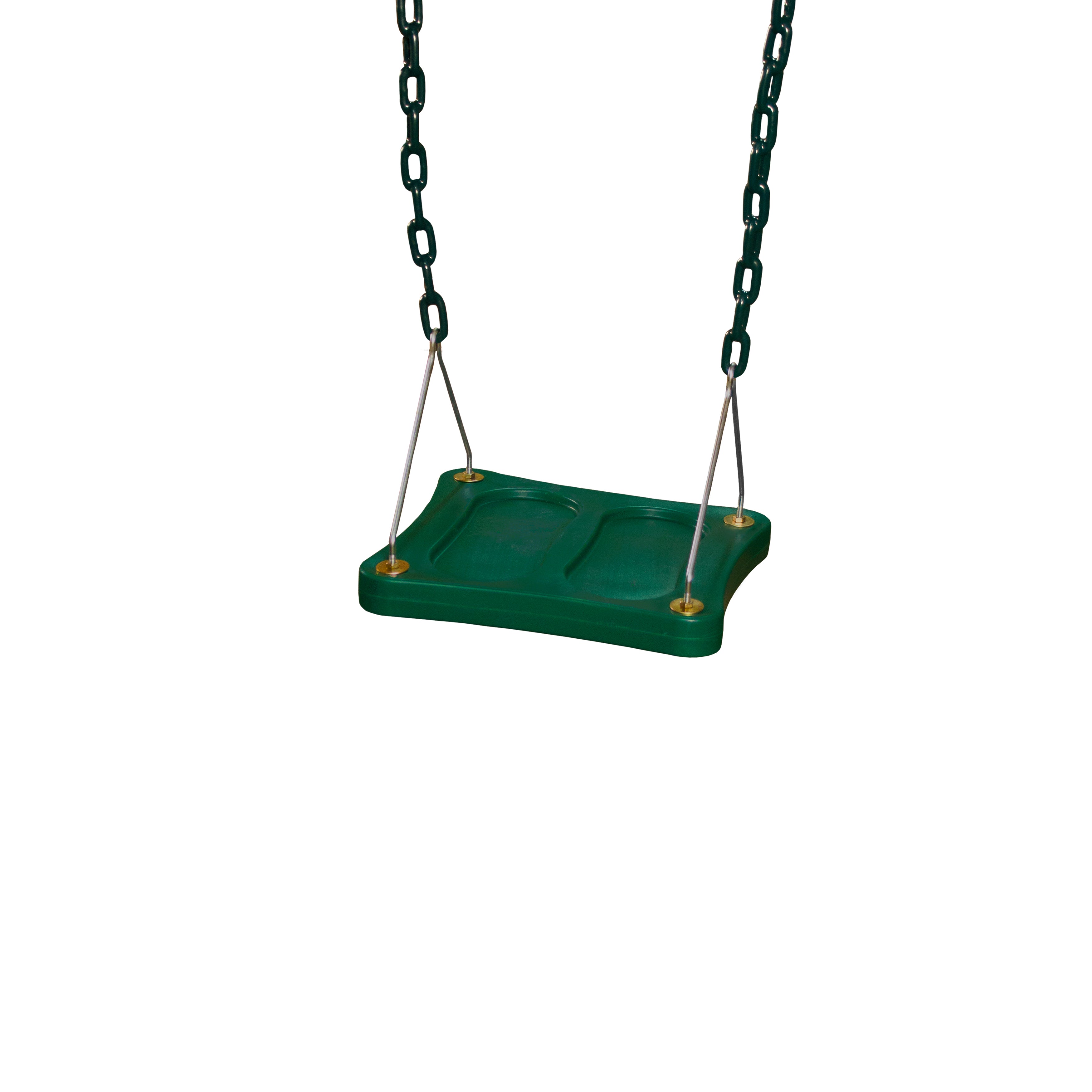 Green swing seat with molded foot holders and grippy coated chains for comfort and slip prevention