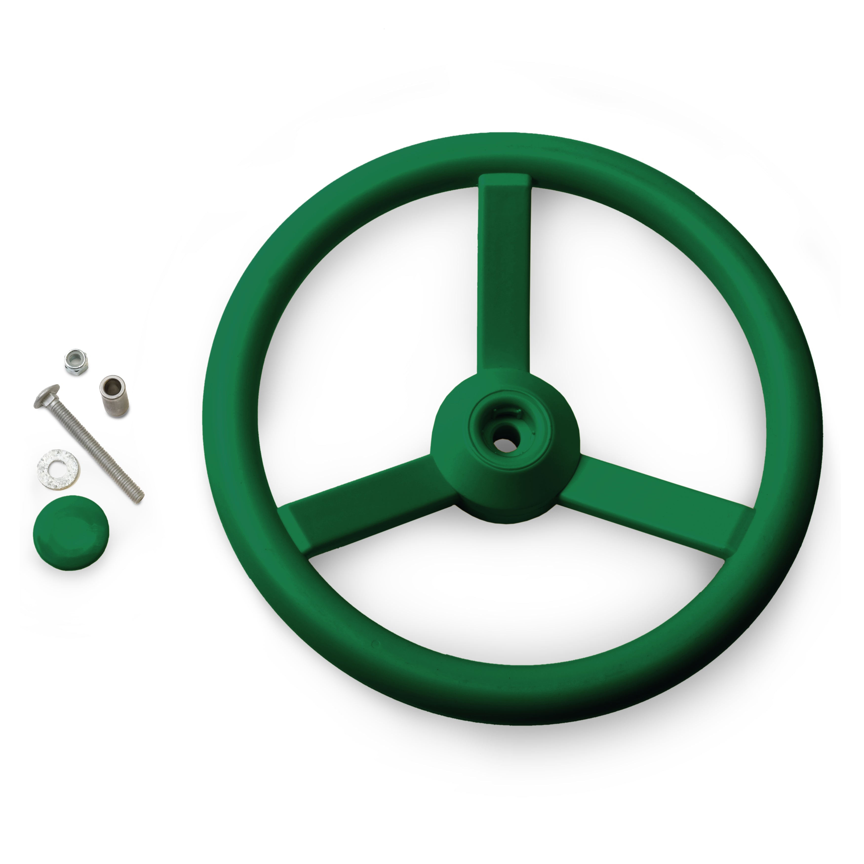 Overhead view of green plastic steering wheel with three spokes, metal hardware, and cap for swing set accessory