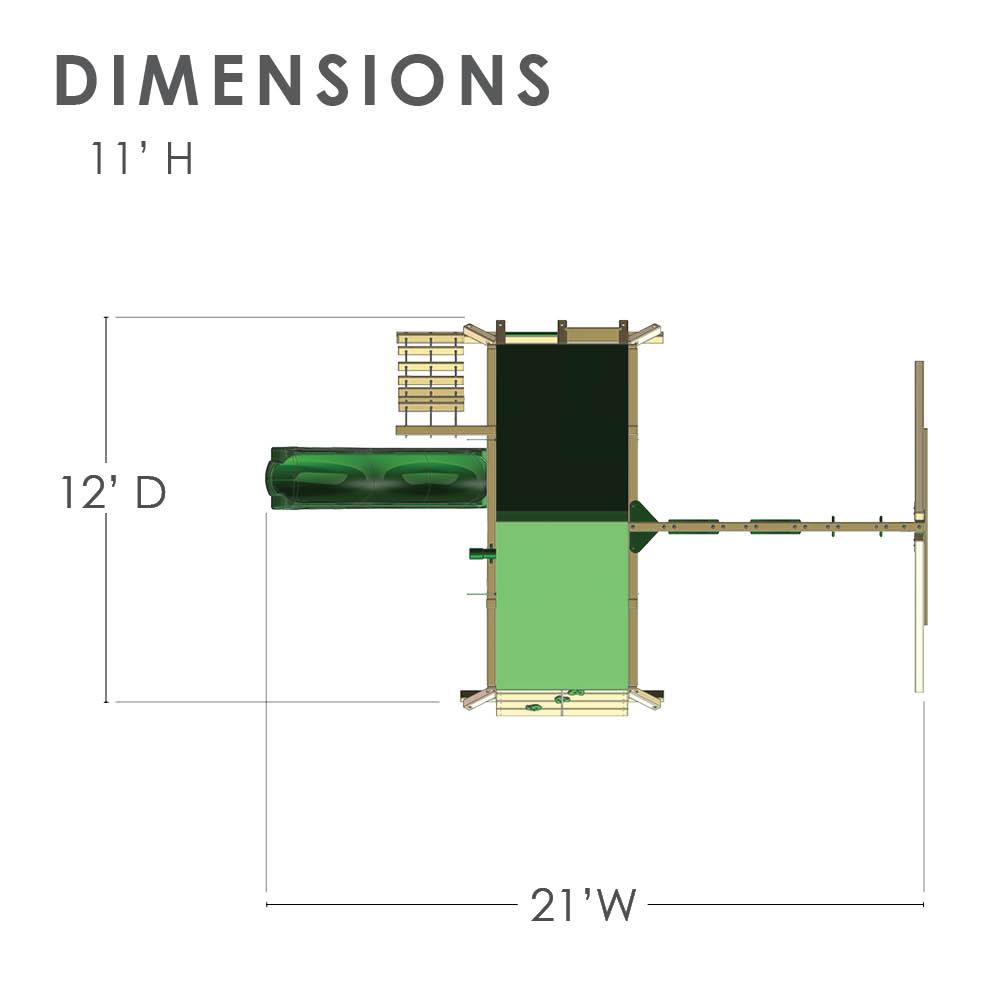 Overhead view of wooden playset with green vinyl canopy, rock wall, rope ladder, slide, belt swings, trapeze, and tire swing