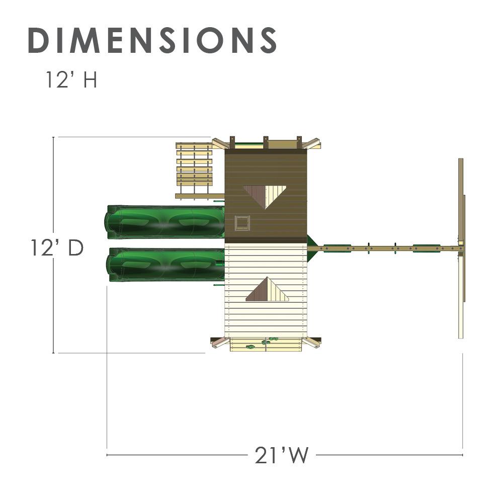Overhead view of redwood-finished wooden playset with two green slides, climbing wall, rope ladder, and swing beam