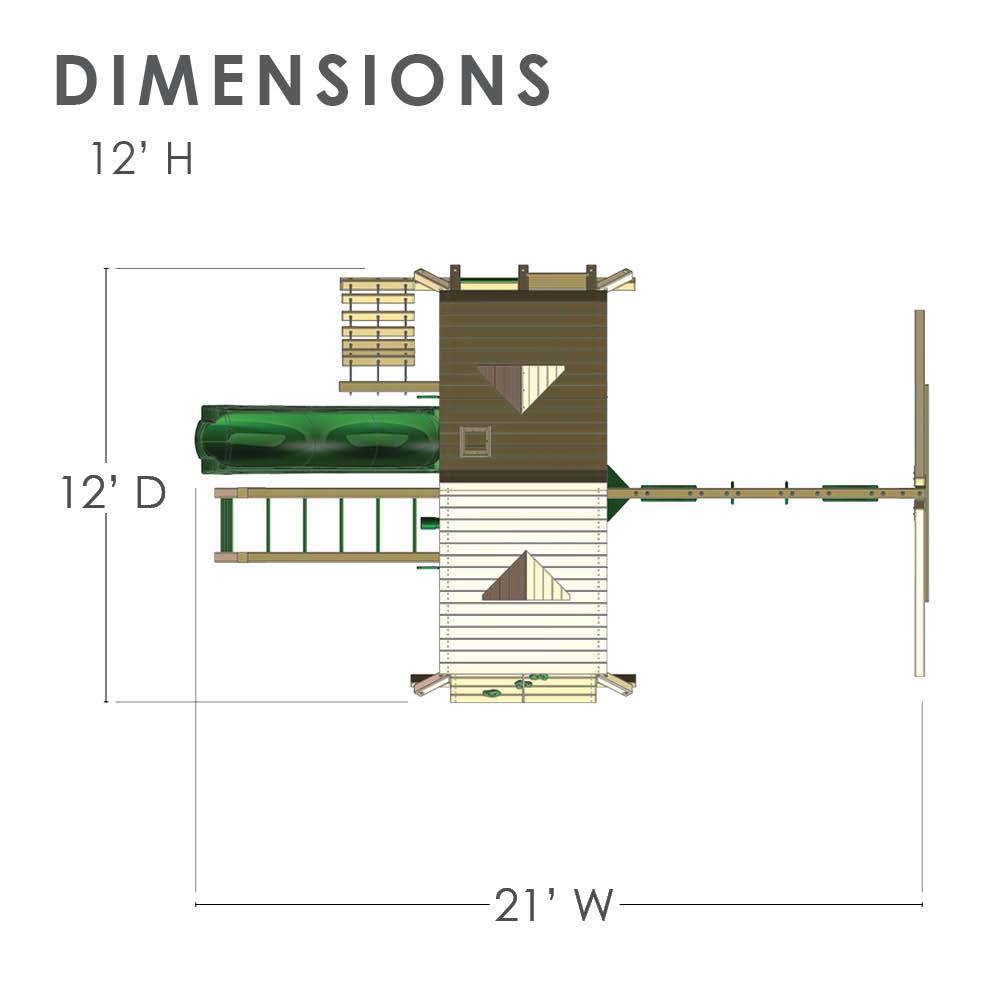 Overhead view of wooden swing set with two roofed play decks, green slide, monkey bars, rock wall, rope ladder, and tire swing