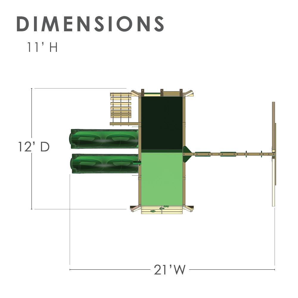 Overhead view of wooden swing set with two green slides, climbing wall, rope ladder, and canopy-covered play deck