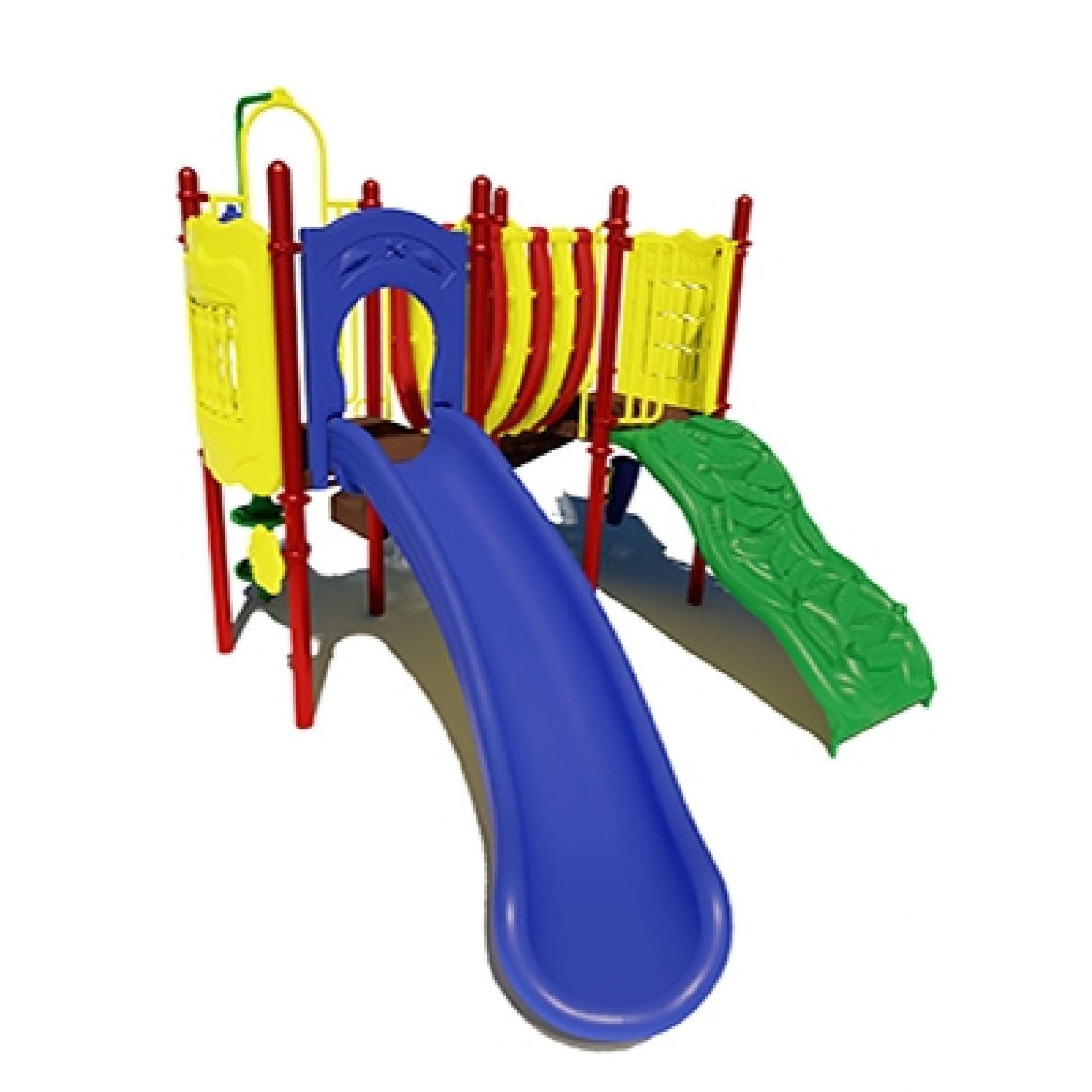 Compact playground structure with blue slide, green climbing wall, yellow activity panels, and red support posts.